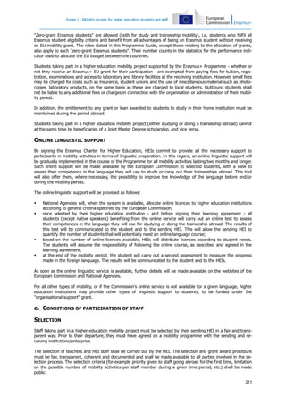 Annex I – Mobility project for higher education students and staff

"Zero-grant Erasmus students" are allowed (both for study and traineeship mobility), i.e. students who fulfil all
Erasmus student eligibility criteria and benefit from all advantages of being an Erasmus student without receiving
an EU mobility grant. The rules stated in this Programme Guide, except those relating to the allocation of grants,
also apply to such "zero-grant Erasmus students". Their number counts in the statistics for the performance indicator used to allocate the EU budget between the countries.
Students taking part in a higher education mobility project supported by the Erasmus+ Programme - whether or
not they receive an Erasmus+ EU grant for their participation - are exempted from paying fees for tuition, registration, examinations and access to laboratory and library facilities at the receiving institution. However, small fees
may be charged for costs such as insurance, student unions and the use of miscellaneous material such as photocopies, laboratory products, on the same basis as these are charged to local students. Outbound students shall
not be liable to any additional fees or charges in connection with the organisation or administration of their mobility period.
In addition, the entitlement to any grant or loan awarded to students to study in their home institution must be
maintained during the period abroad.
Students taking part in a higher education mobility project (either studying or doing a traineeship abroad) cannot
at the same time be beneficiaries of a Joint Master Degree scholarship, and vice versa.

ONLINE LINGUISTIC SUPPORT
By signing the Erasmus Charter for Higher Education, HEIs commit to provide all the necessary support to
participants in mobility activities in terms of linguistic preparation. In this regard, an online linguistic support will
be gradually implemented in the course of the Programme for all mobility activities lasting two months and longer.
Such online support will be made available by the European Commission to selected students, with a view to
assess their competence in the language they will use to study or carry out their traineeships abroad. This tool
will also offer them, where necessary, the possibility to improve the knowledge of the language before and/or
during the mobility period.
The online linguistic support will be provided as follows:







National Agencies will, when the system is available, allocate online licences to higher education institutions
according to general criteria specified by the European Commission;
once selected by their higher education institution - and before signing their learning agreement - all
students (except native speakers) benefiting from the online service will carry out an online test to assess
their competences in the language they will use for studying or doing the traineeship abroad. The results of
this test will be communicated to the student and to the sending HEI. This will allow the sending HEI to
quantify the number of students that will potentially need an online language course;
based on the number of online licences available, HEIs will distribute licences according to student needs.
The students will assume the responsibility of following the online course, as described and agreed in the
learning agreement;
at the end of the mobility period, the student will carry out a second assessment to measure the progress
made in the foreign language. The results will be communicated to the student and to the HEIs.

As soon as the online linguistic service is available, further details will be made available on the websites of the
European Commission and National Agencies.
For all other types of mobility, or if the Commission's online service is not available for a given language, higher
education institutions may provide other types of linguistic support to students, to be funded under the
"organisational support" grant.

e. CONDITIONS OF PARTICIPATION OF STAFF
SELECTION
Staff taking part in a higher education mobility project must be selected by their sending HEI in a fair and transparent way. Prior to their departure, they must have agreed on a mobility programme with the sending and receiving institutions/enterprise.
The selection of teachers and HEI staff shall be carried out by the HEI. The selection and grant award procedure
must be fair, transparent, coherent and documented and shall be made available to all parties involved in the selection process. The selection criteria (for example priority given to staff going abroad for the first time, limitation
on the possible number of mobility activities per staff member during a given time period, etc.) shall be made
public.
211

 