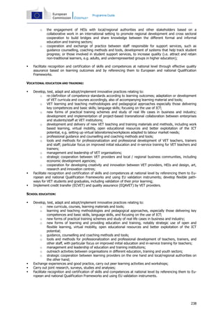 Programme Guide

o

o



the engagement of HEIs with local/regional authorities and other stakeholders based on a
collaborative work in an international setting to promote regional development and cross sectoral
cooperation to build bridges and share knowledge between the different formal and informal
education and training sectors;
cooperation and exchange of practice between staff responsible for support services, such as
guidance counselling, coaching methods and tools, development of systems that help track student
progress; or those involved in student support services, to increase quality (i.e. attract and retain
non-traditional learners, e.g. adults, and underrepresented groups in higher education);

Facilitate recognition and certification of skills and competences at national level through effective quality
assurance based on learning outcomes and by referencing them to European and national Qualification
Frameworks.

VOCATIONAL EDUCATION AND TRAINING:






Develop, test, adapt and adopt/implement innovative practices relating to:
o re-/definition of competence standards according to learning outcomes; adaptation or development
of VET curricula and courses accordingly, also of accompanying learning material and tools;
o VET learning and teaching methodologies and pedagogical approaches especially those delivering
key competences and basic skills; language skills; focusing on the use of ICT;
o new forms of practical training schemes and study of real life cases in business and industry;
development and implementation of project-based transnational collaboration between enterprises
and students/staff at VET institutions;
o development and delivery of new VET teaching and training materials and methods, including work
based learning, virtual mobility, open educational resources and better exploitation of the ICT
potential, e.g. setting up virtual laboratories/workplaces adapted to labour market needs;
o professional guidance and counselling and coaching methods and tools;
o tools and methods for professionalization and professional development of VET teachers, trainers
and staff; particular focus on improved initial education and in-service training for VET teachers and
trainers;
o management and leadership of VET organisations;
o strategic cooperation between VET providers and local / regional business communities, including
economic development agencies;
o cooperation for developing creativity and innovation between VET providers, HEIs and design, art,
research and innovation centres;
Facilitate recognition and certification of skills and competences at national level by referencing them to European and national Qualification Frameworks and using EU validation instruments; develop flexible pathways for VET students and graduates, including validation of their prior learning;
Implement credit transfer (ECVET) and quality assurance (EQAVET) by VET providers.

SCHOOL EDUCATION:






Develop, test, adapt and adopt/implement innovative practices relating to:
o new curricula, courses, learning materials and tools;
o learning and teaching methodologies and pedagogical approaches, especially those delivering key
competences and basic skills, language skills, and focusing on the use of ICT;
o new forms of practical training schemes and study of real life cases in business and industry;
o new forms of learning and providing education and training, notably strategic use of open and
flexible learning, virtual mobility, open educational resources and better exploitation of the ICT
potential;
o guidance, counselling and coaching methods and tools;
o tools and methods for professionalization and professional development of teachers, trainers, and
other staff, with particular focus on improved initial education and in-service training for teachers;
o management and leadership of education and training institutions;
o outreach activities between organisations in different education, training and youth sectors;
o strategic cooperation between learning providers on the one hand and local/regional authorities on
the other hand;
Exchange experiences and good practice, carry out peer learning activities and workshops;
Carry out joint research, surveys, studies and analyses;
Facilitate recognition and certification of skills and competences at national level by referencing them to European and national Qualification Frameworks and using EU validation instruments.

238

 