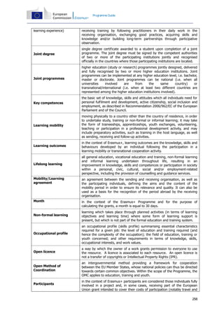 Programme Guide

learning experience)

receiving training by following practitioners in their daily work in the
receiving organisation, exchanging good practices, acquiring skills and
knowledge and/or building long-term partnerships through participative
observation.

Joint degree

single degree certificate awarded to a student upon completion of a joint
programme. The joint degree must be signed by the competent authorities
of two or more of the participating institutions jointly and recognised
officially in the countries where those participating institutions are located.

Joint programmes

higher education (study or research) programmes jointly designed, delivered
and fully recognised by two or more higher education institutions. Joint
programmes can be implemented at any higher education level, i.e. bachelor,
master or doctorate. Joint programmes can be national (i.e. when all
universities
involved
are
from
the
same
country)
or
transnational/international (i.e. when at least two different countries are
represented among the higher education institutions involved).

Key competences

the basic set of knowledge, skills and attitudes which all individuals need for
personal fulfilment and development, active citizenship, social inclusion and
employment, as described in Recommendation 2006/962/EC of the European
Parliament and of the Council.

Learning mobility

moving physically to a country other than the country of residence, in order
to undertake study, training or non-formal or informal learning; it may take
the form of traineeships, apprenticeships, youth exchanges, volunteering,
teaching or participation in a professional development activity, and may
include preparatory activities, such as training in the host language, as well
as sending, receiving and follow-up activities.

Learning outcomes

in the context of Erasmus+, learning outcomes are the knowledge, skills and
behaviours developed by an individual following the participation in a
learning mobility or transnational cooperation activity.

Lifelong learning

all general education, vocational education and training, non-formal learning
and informal learning undertaken throughout life, resulting in an
improvement in knowledge, skills and competences or participation in society
within a personal, civic, cultural, social and/or employment-related
perspective, including the provision of counselling and guidance services.

Mobility/Learning
agreement

an agreement between the sending and receiving organisation, as well as
the participating individuals, defining the aims and the content of the
mobility period in order to ensure its relevance and quality. It can also be
used as a basis for the recognition of the period abroad by the receiving
organisation.

Month

in the context of the Erasmus+ Programme and for the purpose of
calculating the grants, a month is equal to 30 days.

Non-formal learning

learning which takes place through planned activities (in terms of learning
objectives and learning time) where some form of learning support is
present, but which is not part of the formal education and training system.

Occupational profile

an occupational profile (skills profile) summarising essential characteristics
required for a given job: the level of education and training required (and
hence the complexity of the occupation); the field of education, training or
youth concerned; and other requirements in terms of knowledge, skills,
occupational interests, and work values.

Open licence

a way by which the owner of a work grants permission to everyone to use
the resource. A licence is associated to each resource. An open licence is
not a transfer of copyrights or Intellectual Property Rights (IPR).

Open Method of
Coordination

an intergovernmental method providing a framework for cooperation
between the EU Member States, whose national policies can thus be directed
towards certain common objectives. Within the scope of the Programme, the
OMC applies to education, training and youth.

Participants

in the context of Erasmus+ participants are considered those individuals fully
involved in a project and, in some cases, receiving part of the European
Union grant intended to cover their costs of participation (notably travel and
258

 