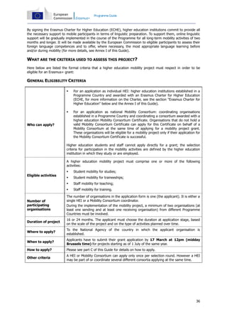 Programme Guide

By signing the Erasmus Charter for Higher Education (ECHE), higher education institutions commit to provide all
the necessary support to mobile participants in terms of linguistic preparation. To support them, online linguistic
support will be gradually implemented in the course of the Programme for all long-term mobility activities of two
months and longer. It will be made available by the European Commission to eligible participants to assess their
foreign language competences and to offer, where necessary, the most appropriate language learning before
and/or during mobility (for more details, see Annex I of this Guide).

WHAT ARE THE CRITERIA USED TO ASSESS THIS PROJECT?
Here below are listed the formal criteria that a higher education mobility project must respect in order to be
eligible for an Erasmus+ grant:

GENERAL ELIGIBILITY CRITERIA


For an application as individual HEI: higher education institutions established in a
Programme Country and awarded with an Erasmus Charter for Higher Education
(ECHE, for more information on the Charter, see the section "Erasmus Charter for
Higher Education" below and the Annex I of this Guide).



For an application as national Mobility Consortium: coordinating organisations
established in a Programme Country and coordinating a consortium awarded with a
higher education Mobility Consortium Certificate. Organisations that do not hold a
valid Mobility Consortium Certificate can apply for this Certificate on behalf of a
Mobility Consortium at the same time of applying for a mobility project grant.
These organisations will be eligible for a mobility project only if their application for
the Mobility Consortium Certificate is successful.

Who can apply?

Higher education students and staff cannot apply directly for a grant; the selection
criteria for participation in the mobility activities are defined by the higher education
institution in which they study or are employed.
A higher education mobility project must comprise one or more of the following
activities:


Student mobility for studies;



Student mobility for traineeships;



Staff mobility for teaching;



Eligible activities

Staff mobility for training.

Number of
participating
organisations

The number of organisations in the application form is one (the applicant). It is either a
single HEI or a Mobility Consortium coordinator.
During the implementation of the mobility project, a minimum of two organisations (at
least one sending and at least one receiving organisation) from different Programme
Countries must be involved.

Duration of project

16 or 24 months. The applicant must choose the duration at application stage, based
on the scale of the project and on the type of activities planned over time.

Where to apply?

To the National Agency of the country in which the applicant organisation is
established.

When to apply?

Applicants have to submit their grant application by 17 March at 12pm (midday
Brussels time) for projects starting as of 1 July of the same year.

How to apply?

Please see part C of this Guide for details on how to apply.

Other criteria

A HEI or Mobility Consortium can apply only once per selection round. However a HEI
may be part of or coordinate several different consortia applying at the same time.

36

 