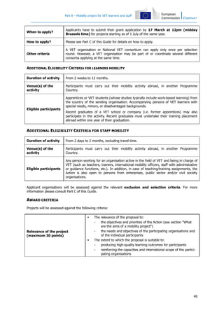 Part B – Mobility project for VET learners and staff

When to apply?

Applicants have to submit their grant application by 17 March at 12pm (midday
Brussels time) for projects starting as of 1 July of the same year.

How to apply?

Please see Part C of this Guide for details on how to apply.

Other criteria

A VET organisation or National VET consortium can apply only once per selection
round. However, a VET organisation may be part of or coordinate several different
consortia applying at the same time.

ADDITIONAL ELIGIBILITY CRITERIA FOR LEARNERS MOBILITY
Duration of activity

From 2 weeks to 12 months.

Venue(s) of the
activity

Participants must carry out their mobility activity abroad, in another Programme
Country.

Eligible participants

Apprentices or VET students (whose studies typically include work-based learning) from
the country of the sending organisation. Accompanying persons of VET learners with
special needs, minors, or disadvantaged backgrounds.
Recent graduates of a VET school or company (i.e. former apprentices) may also
participate in the activity. Recent graduates must undertake their training placement
abroad within one year of their graduation.

ADDITIONAL ELIGIBILITY CRITERIA FOR STAFF MOBILITY
Duration of activity

From 2 days to 2 months, excluding travel time.

Venue(s) of the
activity

Participants must carry out their mobility activity abroad, in another Programme
Country.

Eligible participants

Any person working for an organisation active in the field of VET and being in charge of
VET (such as teachers, trainers, international mobility officers, staff with administrative
or guidance functions, etc.). In addition, in case of teaching/training assignments, the
Action is also open to persons from enterprises, public sector and/or civil society
organisations.

Applicant organisations will be assessed against the relevant exclusion and selection criteria. For more
information please consult Part C of this Guide.

AWARD CRITERIA
Projects will be assessed against the following criteria:


Relevance of the project
(maximum 30 points)


The relevance of the proposal to:
the objectives and priorities of the Action (see section "What
are the aims of a mobility project")
the needs and objectives of the participating organisations and
of the individual participants
The extent to which the proposal is suitable to:
producing high-quality learning outcomes for participants
reinforcing the capacities and international scope of the participating organisations

49

 