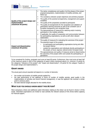 Programme Guide





Quality of the project design and
implementation
(maximum 40 points)









Impact and dissemination
(maximum 30 points)


The clarity, completeness and quality of all the phases of the project
proposal (preparation, implementation of mobility activities, and
follow-up)
The consistency between project objectives and activities proposed
The quality of the practical arrangements, management and support
modalities
The quality of the preparation provided to participants
The quality of arrangements for the recognition and validation of
participants' learning outcomes as well as the consistent use of
European transparency and recognition tools
The appropriateness of measures for selecting and/or involving
participants in the mobility activities
If applicable, the quality of cooperation and communication between
the participating organisations, as well as with other relevant
stakeholders
The quality of measures for evaluating the outcomes of the project
The potential impact of the project:
on participants and participating organisations during and after
the project lifetime
outside the organisations and individuals directly participating in
the project, at local, regional, national and/or European levels
The appropriateness and quality of measures aimed at disseminating
the outcomes of the project within and outside the participating organisations

To be considered for funding, proposals must score at least 60 points. Furthermore, they must score at least half
of the maximum points in each of the categories of award criteria mentioned above (i.e. minimum 15 points for
the categories "relevance of the project" and "impact and dissemination"; 20 points for the category "quality of
the project design and implementation").

GRANT AWARD
The actual grant amount awarded will depend on a number of elements:





the number and duration of mobility periods applied for;
the past performance of the applicant in terms of number of mobility periods, good quality in the
implementation of activities and sound financial management, in case the applicant has received a similar
grant in previous years;
the total national budget allocated for the mobility Action.

WHAT ELSE YOU SHOULD KNOW ABOUT THIS ACTION?
More compulsory criteria and additional useful information relating to this Action can be found in Annex I of this
Guide. Interested organisations are invited to read carefully the relevant sections of this Annex before applying
for financial support.

50

 