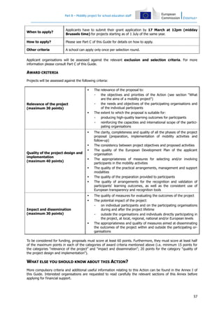 Part B – Mobility project for school education staff

When to apply?

Applicants have to submit their grant application by 17 March at 12pm (midday
Brussels time) for projects starting as of 1 July of the same year.

How to apply?

Please see Part C of this Guide for details on how to apply.

Other criteria

A school can apply only once per selection round.

Applicant organisations will be assessed against the relevant exclusion and selection criteria. For more
information please consult Part C of this Guide.

AWARD CRITERIA
Projects will be assessed against the following criteria:


Relevance of the project
(maximum 30 points)




Quality of the project design and
implementation
(maximum 40 points)










Impact and dissemination
(maximum 30 points)


The relevance of the proposal to:
the objectives and priorities of the Action (see section "What
are the aims of a mobility project")
the needs and objectives of the participating organisations and
of the individual participants
The extent to which the proposal is suitable for:
producing high-quality learning outcomes for participants
reinforcing the capacities and international scope of the participating organisations
The clarity, completeness and quality of all the phases of the project
proposal (preparation, implementation of mobility activities and
follow-up)
The consistency between project objectives and proposed activities
The quality of the European Development Plan of the applicant
organisation
The appropriateness of measures for selecting and/or involving
participants in the mobility activities
The quality of the practical arrangements, management and support
modalities
The quality of the preparation provided to participants
The quality of arrangements for the recognition and validation of
participants' learning outcomes, as well as the consistent use of
European transparency and recognition tools
The quality of measures for evaluating the outcomes of the project
The potential impact of the project:
on individual participants and on the participating organisations
during and after the project lifetime
outside the organisations and individuals directly participating in
the project, at local, regional, national and/or European levels
The appropriateness and quality of measures aimed at disseminating
the outcomes of the project within and outside the participating organisations

To be considered for funding, proposals must score at least 60 points. Furthermore, they must score at least half
of the maximum points in each of the categories of award criteria mentioned above (i.e. minimum 15 points for
the categories "relevance of the project" and "impact and dissemination"; 20 points for the category "quality of
the project design and implementation").

WHAT ELSE YOU SHOULD KNOW ABOUT THIS ACTION?
More compulsory criteria and additional useful information relating to this Action can be found in the Annex I of
this Guide. Interested organisations are requested to read carefully the relevant sections of this Annex before
applying for financial support.

57

 