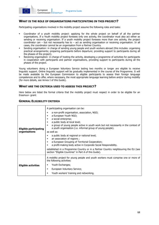 Programme Guide

WHAT IS THE ROLE OF ORGANISATIONS PARTICIPATING IN THIS PROJECT?
Participating organisations involved in the mobility project assume the following roles and tasks:






Coordinator of a youth mobility project: applying for the whole project on behalf of all the partner
organisations. If a Youth mobility project foresees only one activity, the coordinator must also act either as
sending or receiving organisation. If a youth mobility project foresees more than one activity, the project
coordinator can – but not necessarily has to – act as sending organisation or receiving organisation. In all
cases, the coordinator cannot be an organisation from a Partner Country.
Sending organisation: in charge of sending young people and youth workers abroad (this includes: organising
practical arrangements; preparing participants before departure; providing support to participants during all
the phases of the project).
Receiving organisation: in charge of hosting the activity, developing a programme of activities for participants
in cooperation with participants and partner organisations, providing support to participants during all the
phases of the project.

Young volunteers doing a European Voluntary Service lasting two months or longer are eligible to receive
linguistic support. Online linguistic support will be gradually implemented in the course of the Programme. It will
be made available by the European Commission to eligible participants to assess their foreign language
competences and to offer, where necessary, the most appropriate language learning before and/or during mobility
(for more details, see Annex I of this Guide).

WHAT ARE THE CRITERIA USED TO ASSESS THIS PROJECT?
Here below are listed the formal criteria that the mobility project must respect in order to be eligible for an
Erasmus+ grant:

GENERAL ELIGIBILITY CRITERIA
A participating organisation can be:





Eligible participating
organisations

a non-profit organisation, association, NGO;
a European Youth NGO;
a social enterprise;
a public body at local level;
a group of young people active in youth work but not necessarily in the context of
a youth organisation (i.e. informal group of young people).

as well as:





a public body at regional or national level;
an association of regions ;
a European Grouping of Territorial Cooperation;
a profit-making body active in Corporate Social Responsibility.

established in a Programme Country or in a Partner Country neighbouring the EU (see
section "Eligible Countries" in Part A of this Guide).
A mobility project for young people and youth workers must comprise one or more of
the following activities:
Eligible activities



Youth Exchanges;



European Voluntary Service;



Youth workers' training and networking.

68

 