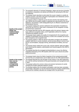 Part B – Joint Master Degrees

Quality of the project
design and
implementation
(maximum 30
points)

 The proposal's elements of "jointness"/integration, design and structure (including
its consortium composition) are tailored and effective for achieving the JMD aims
and objectives
 The proposal clearly describes to what extent the course is based on a jointly developed curriculum, and what is the level of participation and institutional commitment of individual partners to the JMD
 The proposal outlines in detail the course structure and the main teaching modules, defines how the student mobility is organised and instrumental to the course
objectives, and presents a draft strategy/planning for an effective involvement of
scholars/guest lecturers
 The proposal explains the common methods for the examination of students as
well as the use of ECTS or other built-in mechanisms for the recognition of study
and performance assessment
 The proposal describes how the JMD integrates within the partners' degrees catalogue, defines its recognition status, and (if applicable) outlines the on-going
recognition/accreditation process
 The proposal clearly explains the quality of arrangements for the recognition and
validation of participants' learning outcomes, as well as the consistent use of European transparency and recognition tools
 The proposal explains in detail all relevant information provided to the students/
academic staff prior to course enrolment, and the services offered in terms of support for accommodation, language training, administrative formalities, and insurance
 The proposal clearly outlines the course rules, and the students' rights and obligations concerning the academic, administrative and financial aspects of the JMD implementation
 The proposal describes the envisaged activities/facilities to ensure the effective
integration/networking of the JMD students within their socio-cultural and professional environment

Quality of the project
team and the
cooperation
arrangements
(maximum 20
points)

 The proposal clearly shows the fields of expertise of the involved partners/staff
and how they are complementary and of added value for the JMD implementation
 The proposal describes the role and tasks of each partner in the JMD implementation, and the working mechanisms of the governing bodies and management tools
in place
 The proposal outlines the common criteria and practical mechanisms for jointly
managing the student application/selection process
 The proposal explains how the students' participation costs have been calculated,
and provides a description on how the financial resources including complementary
funding will be mobilised, allocated and managed within the partnership

87

 