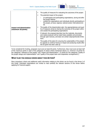 Part B – Capacity Building in the field of youth
137
Impact and dissemination
(maximum 20 points)
The quality of measures for evaluating the outcomes of the project
The potential impact of the project:
- on participants and participating organisations, during and after
the project lifetime
- outside the organisations and individuals directly participating in
the project, at local, regional, national and/or international lev-
els
The quality of the dissemination plan: the appropriateness and qual-
ity of measures aimed at sharing the outcomes of the project within
and outside the participating organisations
If relevant, the proposal describes how the materials, documents
and media produced will be made freely available and promoted
through open licences, and does not contain disproportionate limita-
tions
The quality of the plans for ensuring the sustainability of the project:
its capacity to continue having an impact and producing results after
the EU grant has been used up
To be considered for funding, proposals must score at least 60 points. Furthermore, they must score at least half
of the maximum points in each of the categories of award criteria mentioned above (i.e. minimum 10 points for
the categories "relevance of the project" and "impact and dissemination"; 15 points for the categories "quality of
the project design and implementation" and "quality of the project team and cooperation arrangements").
WHAT ELSE YOU SHOULD KNOW ABOUT THIS ACTION?
More compulsory criteria and additional useful information relating to this Action can be found in the Annex I of
this Guide. Interested organisations are invited to read carefully the relevant sections of this Annex before
applying for financial support.
 