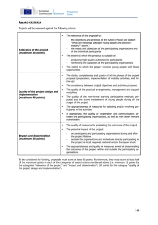 148
Programme
Guide
AWARD CRITERIA
Projects will be assessed against the following criteria:
Relevance of the project
(maximum 30 points)
The relevance of the proposal to:
- the objectives and priorities of the Action (Please see section
"What are meetings between young people and decision-
makers?" above )
- the needs and objectives of the participating organisations and
of the individual participants
The extent to which the proposal is suitable of:
- producing high-quality outcomes for participants
- reinforcing the capacities of the participating organisations
The extent to which the project involves young people with fewer
opportunities
Quality of the project design and
implementation
(maximum 40 points)
The clarity, completeness and quality of all the phases of the project
proposal (preparation, implementation of mobility activities, and fol-
low-up)
The consistency between project objectives and activities proposed
The quality of the practical arrangements, management and support
modalities
The quality of the non-formal learning participative methods pro-
posed and the active involvement of young people during all the
stages of the project
The appropriateness of measures for selecting and/or involving par-
ticipants in the activities
If appropriate, the quality of cooperation and communication be-
tween the participating organisations, as well as with other relevant
stakeholders
Impact and dissemination
(maximum 30 points)
The quality of measures for evaluating the outcomes of the project
The potential impact of the project:
- on participants and participating organisations during and after
the project lifetime
- outside the organisations and individuals directly participating in
the project at local, regional, national and/or European levels
The appropriateness and quality of measures aimed at disseminating
the outcomes of the project within and outside the participating or-
ganisations
To be considered for funding, proposals must score at least 60 points. Furthermore, they must score at least half
of the maximum points in each of the categories of award criteria mentioned above (i.e. minimum 15 points for
the categories "relevance of the project" and "impact and dissemination"; 20 points for the category "quality of
the project design and implementation").
 