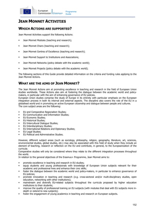 152
Programme
Guide
JEAN MONNET ACTIVITIES
WHICH ACTIONS ARE SUPPORTED?
Jean Monnet Activities support the following Actions:
Jean Monnet Modules (teaching and research);
Jean Monnet Chairs (teaching and research);
Jean Monnet Centres of Excellence (teaching and research);
Jean Monnet Support to Institutions and Associations;
Jean Monnet Networks (policy debate with the academic world);
Jean Monnet Projects (policy debate with the academic world);
The following sections of this Guide provide detailed information on the criteria and funding rules applying to the
Jean Monnet Actions.
WHAT ARE THE AIMS OF JEAN MONNET?
The Jean Monnet Actions aim at promoting excellence in teaching and research in the field of European Union
studies worldwide. These Actions also aim at fostering the dialogue between the academic world and policy-
makers, in particular with the aim of enhancing governance of EU policies.
European Union studies comprise the study of Europe in its entirety with particular emphasis on the European
integration process in both its internal and external aspects. The discipline also covers the role of the EU in a
globalised world and in promoting an active European citizenship and dialogue between people and cultures.
The core subject areas are the following:
EU and Comparative Regionalism Studies;
EU Communication and Information Studies;
EU Economic Studies;
EU Historical Studies;
EU Intercultural Dialogue Studies;
EU Interdisciplinary Studies;
EU International Relations and Diplomacy Studies;
EU Legal Studies;
EU Political and Administrative Studies.
However, different subject areas (such as sociology, philosophy, religion, geography, literature, art, sciences,
environmental studies, global studies, etc.) may also be associated with this field of study when they include an
element of teaching, research or reflection on the EU and contribute, in general, to the Europeanization of the
curricula.
Comparative studies will only be considered where they relate to the different integration processes throughout
the world.
In relation to the general objectives of the Erasmus+ Programme, Jean Monnet aims to:
promote excellence in teaching and research in EU studies;
equip students and young professionals with knowledge of European Union subjects relevant for their
academic and professional lives and enhance their civic skills;
foster the dialogue between the academic world and policy-makers, in particular to enhance governance of
EU policies;
promote innovation in teaching and research (e.g. cross-sectoral and/or multi-disciplinary studies, open
education, networking with other institutions);
mainstream and diversify EU-related subjects throughout the curricula proposed by higher education
institutions to their students;
improve the quality of professional training on EU subjects (with modules that deal with EU subjects more in-
depth or extend to new subjects);
foster the engagement of young academics in teaching and research on European subjects.
 
