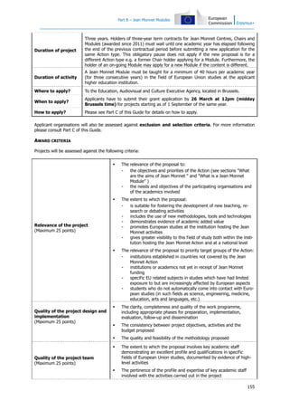 Part B – Jean Monnet Modules
155
Duration of project
Three years. Holders of three-year term contracts for Jean Monnet Centres, Chairs and
Modules (awarded since 2011) must wait until one academic year has elapsed following
the end of the previous contractual period before submitting a new application for the
same Action type. This obligatory pause does not apply if the new proposal is for a
different Action type e.g. a former Chair holder applying for a Module. Furthermore, the
holder of an on-going Module may apply for a new Module if the content is different.
Duration of activity
A Jean Monnet Module must be taught for a minimum of 40 hours per academic year
(for three consecutive years) in the field of European Union studies at the applicant
higher education institution.
Where to apply? To the Education, Audiovisual and Culture Executive Agency, located in Brussels.
When to apply?
Applicants have to submit their grant application by 26 March at 12pm (midday
Brussels time) for projects starting as of 1 September of the same year.
How to apply? Please see Part C of this Guide for details on how to apply.
Applicant organisations will also be assessed against exclusion and selection criteria. For more information
please consult Part C of this Guide.
AWARD CRITERIA
Projects will be assessed against the following criteria:
Relevance of the project
(Maximum 25 points)
The relevance of the proposal to:
- the objectives and priorities of the Action (see sections "What
are the aims of Jean Monnet " and "What is a Jean Monnet
Module" )
- the needs and objectives of the participating organisations and
of the academics involved
The extent to which the proposal:
- is suitable for fostering the development of new teaching, re-
search or debating activities
- includes the use of new methodologies, tools and technologies
- demonstrates evidence of academic added value
- promotes European studies at the institution hosting the Jean
Monnet activities
- gives greater visibility to this field of study both within the insti-
tution hosting the Jean Monnet Action and at a national level
The relevance of the proposal to priority target groups of the Action:
- institutions established in countries not covered by the Jean
Monnet Action
- institutions or academics not yet in receipt of Jean Monnet
funding
- specific EU related subjects in studies which have had limited
exposure to but are increasingly affected by European aspects
- students who do not automatically come into contact with Euro-
pean studies (in such fields as science, engineering, medicine,
education, arts and languages, etc.)
Quality of the project design and
implementation
(Maximum 25 points)
The clarity, completeness and quality of the work programme,
including appropriate phases for preparation, implementation,
evaluation, follow-up and dissemination
The consistency between project objectives, activities and the
budget proposed
The quality and feasibility of the methodology proposed
Quality of the project team
(Maximum 25 points)
The extent to which the proposal involves key academic staff
demonstrating an excellent profile and qualifications in specific
fields of European Union studies, documented by evidence of high-
level activities
The pertinence of the profile and expertise of key academic staff
involved with the activities carried out in the project
 