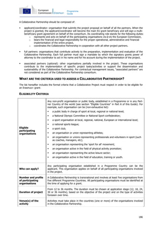 186
Programme
Guide
A Collaborative Partnership should be composed of:
applicant/coordinator: organisation that submits the project proposal on behalf of all the partners. When the
project is granted, the applicant/coordinator will become the main EU grant beneficiary and will sign a multi-
beneficiary grant agreement on behalf of the consortium. Its coordinating role stands for the following duties:
o represents and acts on behalf of the participating organisations vis-à-vis the European Commission,
o bears the financial and legal responsibility for the proper operational, administrative and financial
implementation of the entire project,
o coordinates the Collaborative Partnership in cooperation with all other project partners.
full partners: organisations that contribute actively to the preparation, implementation and evaluation of the
Collaborative Partnership. Each full partner must sign a mandate by which the signatory grants power of
attorney to the coordinator to act in his name and for his account during the implementation of the project.
associated partners (optional): other organisations partially involved in the project. These organisations
contribute to the implementation of specific project tasks/activities or support the dissemination and
sustainability of the Collaborative Partnership. For contractual management issues, “associated partners” are
not considered as part of the Collaborative Partnership consortium.
WHAT ARE THE CRITERIA USED TO ASSESS A COLLABORATIVE PARTNERSHIP?
The list hereafter includes the formal criteria that a Collaborative Project must respect in order to be eligible for
an Erasmus+ grant:
ELIGIBILITY CRITERIA
Eligible
participating
organisations
Any non-profit organisation or public body, established in a Programme or in any Part-
ner Country of the world (see section "Eligible Countries" in Part A of this Guide). For
example, such organisation can be (non-exhaustive list):
a public body in charge of sport at local, regional or national level;
a National Olympic Committee or National Sport confederation;
a sport organisation at local, regional, national, European or international level;
a national sports league;
a sport club;
an organisation or union representing athletes;
an organisation or unions representing professionals and volunteers in sport (such
as coaches, managers, etc);
an organisation representing the 'sport for all' movement;
an organisation active in the field of physical activity promotion;
an organisation representing the active leisure sector;
an organisation active in the field of education, training or youth.
Who can apply?
Any participating organisation established in a Programme Country can be the
applicant. This organisation applies on behalf of all participating organisations involved
in the project.
Number and profile
of participating
organisations
A Collaborative Partnership is transnational and involves at least five organisations from
five different Programme Countries. All participating organisations must be identified at
the time of applying for a grant.
Duration of project
From 12 to 36 months. The duration must be chosen at application stage (12, 18, 24,
30 or 36 months), based on the objective of the project and on the type of activities
foreseen over time.
Venue(s) of the
activity
Activities must take place in the countries (one or more) of the organisations involved
in the Collaborative Partnership.
 