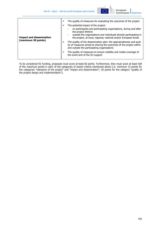 Part B – Sport – Not-for-profit European sport events
193
Impact and dissemination
(maximum 30 points)
The quality of measures for evaluating the outcomes of the project
The potential impact of the project:
- on participants and participating organisations, during and after
the project lifetime
- outside the organisations and individuals directly participating in
the project, at local, regional, national and/or European levels
The quality of the dissemination plan: the appropriateness and qual-
ity of measures aimed at sharing the outcomes of the project within
and outside the participating organisations
The quality of measures to ensure visibility and media coverage of
the event and of the EU support
To be considered for funding, proposals must score at least 60 points. Furthermore, they must score at least half
of the maximum points in each of the categories of award criteria mentioned above (i.e. minimum 15 points for
the categories "relevance of the project" and "impact and dissemination"; 20 points for the category "quality of
the project design and implementation").
 