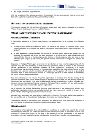 Part C – What to do in order to submit a project?
203
the budget available for any given Action.
After the completion of the selection procedure, the application files and accompanying material are not sent
back to the applicant, irrespective of the outcome of the procedure.
NOTIFICATION OF GRANT AWARD DECISIONS
The indicative calendar for the notification of selection results under each Action is indicated in the section
"Project life-cycle deadlines and payment modalities" below.
WHAT HAPPENS WHEN THE APPLICATION IS APPROVED?
GRANT AGREEMENT/DECISION
If the project is selected for an EU grant under Erasmus+, the award decision can be formalised in the following
ways:
a grant decision - taken by the Executive Agency - is notified to the applicant of a selected project. Upon
receipt/notification of the decision, the applicant becomes the beneficiary of an EU grant and can start the
project31
;
a grant agreement is signed between the National or Executive Agency selecting the project and the
applicant. The applicant will receive the grant agreement, to be signed by its legal representative and
returned to the National or Executive Agency; the National or Executive Agency is the last party to sign.
When the grant is signed by both parties, the applicant becomes beneficiary of an EU grant and can start the
project32
.
Depending on the type of Action, grant agreements may take the form of mono-beneficiary agreements, with the
applicant being the single beneficiary, or multi-beneficiary agreements, where all partners of the consortium
become beneficiaries of the agreement. However, all other organisations participating in a project
(co-beneficiaries) sign a mandate to confer to the coordinating organisation the responsibility of acting as main
beneficiary. As a general rule, the mandates of each partner to the applicant will have to be provided at
application stage. If these mandates are provided at a later stage, they must be made available at the latest by
the time of the grant agreement signature.
Nota bene: Mandates are not required for partner organisations in countries other than the country of the
applicant organisation in the case of Mobility projects for Higher education students and staff, Mobility projects for
VET learners and staff, Mobility Projects for School education staff and Mobility Projects for Adult education staff.
However, member organisations of national consortia in the fields of higher education, VET and adult education
are required to provide a mandate to the applicant organisation.
As an exception, for Strategic Partnerships supported under Key Action 2 and involving only schools, each
participating organisation involved in a selected project will sign a grant agreement – specific for its share of the
grant - with the National Agency established in its own country.
Models of grant agreements and grant decisions used under the Erasmus+ Programme will be made available in
the course of the year on the websites of the European Commission and Executive Agency.
The indicative calendar for the receipt of grant agreements and grant decisions under each Action is indicated in
the in the section "Project life-cycle deadlines and payment modalities" below.
GRANT AMOUNT
The acceptance of an application does not constitute an undertaking to award funding equal to the amount
requested by the applicant. The funding requested may be reduced on the basis of the specific financial rules
applying to a given Action and/or as the result of an analysis of the past performance of the applicant
organisation in terms of capacity to manage and absorb the community grant awarded in previous occasions.
31
For exceptions to this rule, see the section "non -retroactivity " in this part of the Guide.
32
See footnote above.
 