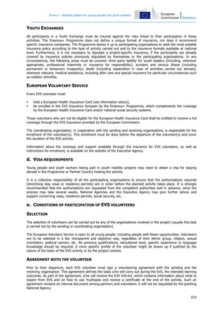 Annex I – Mobility project for young people and youth workers
233
YOUTH EXCHANGES
All participants in a Youth Exchange must be insured against the risks linked to their participation in these
activities. The Erasmus+ Programme does not define a unique format of insurance, nor does it recommend
specific insurance companies. The Programme leaves it up to participating organisations to seek the most suitable
insurance policy according to the type of activity carried out and to the insurance formats available at national
level. Furthermore, it is not necessary to stipulate a project-specific insurance, if the participants are already
covered by insurance policies previously stipulated by themselves or the participating organisations. In any
circumstances, the following areas must be covered: third party liability for youth leaders (including, wherever
appropriate, professional indemnity or insurance for responsibility); accident and serious illness (including
permanent or temporary incapacity); death (including repatriation in case of activities carried out abroad);
wherever relevant, medical assistance, including after care and special insurance for particular circumstances such
as outdoor activities.
EUROPEAN VOLUNTARY SERVICE
Every EVS volunteer must:
hold a European Health Insurance Card (see information above);
be enrolled in the EVS Insurance foreseen by the Erasmus+ Programme, which complements the coverage
by the European Health Insurance Card and/or national social security systems.
Those volunteers who are not be eligible for the European Health Insurance Card shall be entitled to receive a full
coverage through the EVS Insurance provided by the European Commission.
The coordinating organisation, in cooperation with the sending and receiving organisations, is responsible for the
enrolment of the volunteer(s). This enrolment must be done before the departure of the volunteer(s) and cover
the duration of the EVS activity.
Information about the coverage and support available through the insurance for EVS volunteers, as well as
instructions for enrolment, is available on the website of the Executive Agency.
d. VISA REQUIREMENTS
Young people and youth workers taking part in youth mobility projects may need to obtain a visa for staying
abroad in the Programme or Partner Country hosting the activity.
It is a collective responsibility of all the participating organisations to ensure that the authorisations required
(short/long stay visas or residence permits) are in order before the planned activity takes place. It is strongly
recommended that the authorisations are requested from the competent authorities well in advance, since the
process may take several weeks. National Agencies and the Executive Agency may give further advice and
support concerning visas, residence permits, social security, etc.
e. CONDITIONS OF PARTICIPATION OF EVS VOLUNTEERS
SELECTION
The selection of volunteers can be carried out by any of the organisations involved in the project (usually this task
is carried out by the sending or coordinating organisation).
The European Voluntary Service is open to all young people, including people with fewer opportunities. Volunteers
are to be selected in a fair, transparent and objective way, regardless of their ethnic group, religion, sexual
orientation, political opinion, etc. No previous qualifications, educational level, specific experience or language
knowledge should be required. A more specific profile of the volunteer might be drawn up if justified by the
nature of the tasks of the EVS activity or by the project context.
AGREEMENT WITH THE VOLUNTEER
Prior to their departure, each EVS volunteer must sign a volunteering agreement with the sending and the
receiving organisation. This agreement defines the tasks s/he will carry out during the EVS, the intended learning
outcomes. As part of the agreement, s/he will receive the EVS Info-kit, which contains information about what to
expect from EVS and on how to use Youthpass and receive a certificate at the end of the activity. Such an
agreement remains an internal document among partners and volunteers; it will not be requested by the granting
National Agency.
 