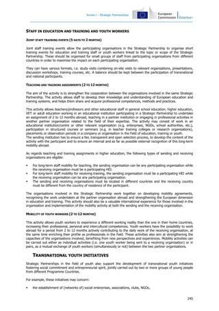 Annex I – Strategic Partnerships
245
STAFF IN EDUCATION AND TRAINING AND YOUTH WORKERS
JOINT STAFF TRAINING EVENTS (5 DAYS TO 2 MONTHS)
Joint staff training events allow the participating organisations in the Strategic Partnership to organise short
training events for education and training staff or youth workers linked to the topic or scope of the Strategic
Partnership. These should be organised for small groups of staff from participating organisations from different
countries in order to maximise the impact on each participating organisation.
They can have various formats, i.e. study visits combining on-site visits to relevant organisations, presentations,
discussion workshops, training courses, etc. A balance should be kept between the participation of transnational
and national participants.
TEACHING AND TRAINING ASSIGNMENTS (2 TO 12 MONTHS)
The aim of the activity is to strengthen the cooperation between the organisations involved in the same Strategic
Partnership. The activity allows staff to develop their knowledge and understanding of European education and
training systems, and helps them share and acquire professional competences, methods and practices.
This activity allows teachers/professors and other educational staff in general school education, higher education,
VET or adult education working in an educational institution participating in a Strategic Partnership to undertake
an assignment of 2 to 12 months abroad, teaching in a partner institution or engaging in professional activities in
another partner organisation related to the field of their expertise. The activity may consist of work in an
educational institution/centre or other relevant organisation (e.g. enterprises, NGOs, school authorities, etc.),
participation in structured courses or seminars (e.g. in teacher training colleges or research organisations),
placements or observation periods in a company or organisation in the field of education, training or youth.
The sending institution has to ensure a fair, transparent and open selection process, to develop the content of the
activity with the participant and to ensure an internal and as far as possible external recognition of this long-term
mobility abroad.
As regards teaching and training assignments in higher education, the following types of sending and receiving
organisations are eligible:
For long-term staff mobility for teaching, the sending organisation can be any participating organisation while
the receiving organisation must be a participating HEI.
For long-term staff mobility for receiving training, the sending organisation must be a participating HEI while
the receiving organisation can be any participating organisation.
The sending and receiving organisations must be located in different countries and the receiving country
must be different from the country of residence of the participant.
The organisations involved in the Strategic Partnership work together on developing mobility agreements,
recognising the work undertaken at the partner organisation abroad and strengthening the European dimension
in education and training. This activity should also be a valuable international experience for those involved in the
organisation and implementation of the mobility activity at both the sending and the receiving organisation.
MOBILITY OF YOUTH WORKERS (2 TO 12 MONTHS)
This activity allows youth workers to experience a different working reality than the one in their home countries,
increasing their professional, personal and intercultural competences. Youth workers have the possibility to work
abroad for a period from 2 to 12 months actively contributing to the daily work of the receiving organisation, at
the same time enriching their profile as professionals in the field. These activities also aim at strengthening the
capacities of the organisations involved, benefiting from new perspectives and experiences. Mobility activities can
be carried out either as individual activities (i.e. one youth worker being sent to a receiving organisation) or in
pairs, as a mutual exchange of youth workers (simultaneously or not) between the two partner organisations.
TRANSNATIONAL YOUTH INITIATIVES
Strategic Partnerships in the field of youth also support the development of transnational youth initiatives
fostering social commitment and entrepreneurial spirit, jointly carried out by two or more groups of young people
from different Programme Countries.
For example, these initiatives may concern:
the establishment of (networks of) social enterprises, associations, clubs, NGOs,
 
