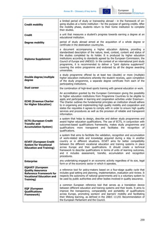 Annex III – Glossary of key terms
259
Credit mobility
a limited period of study or traineeship abroad - in the framework of on-
going studies at a home institution - for the purpose of gaining credits. After
the mobility phase, students return to their home institution to complete
their studies.
Credit a unit that measures a student's progress towards earning a degree at an
educational institution.
Degree mobility period of study abroad aimed at the acquisition of a whole degree or
certificate in the destination country/ies.
Diploma Supplement
a document accompanying a higher education diploma, providing a
standardised description of the nature, level, context, content and status of
the studies completed by its holder. It is produced by higher education
institutions according to standards agreed by the European Commission, the
Council of Europe and UNESCO. In the context of an international joint study
programme, it is recommended to deliver a "joint diploma supplement"
covering the entire programme and endorsed by all the degree awarding
universities.
Double degree/multiple
degree
a study programme offered by at least two (double) or more (multiple)
higher education institutions whereby the student receives, upon completion
of the study programme, a separate degree certificate from each of the
participating institutions.
Dual career the combination of high-level sports training with general education or work.
ECHE (Erasmus Charter
for Higher Education)
An accreditation granted by the European Commission giving the possibility
to higher education institutions from Programme Countries to be eligible to
apply and participate in learning and cooperation activities under Erasmus+.
The Charter outlines the fundamental principles an institution should adhere
to in organising and implementing high quality mobility and cooperation and
states the requisites it agrees to comply with in order to ensure high quality
services and procedures as well as the provision of reliable and transparent
information.
ECTS (European Credit
Transfer and
Accumulation System)
a system that helps to design, describe and deliver study programmes and
award higher education qualifications. The use of ECTS, in conjunction with
outcomes-based qualifications frameworks, makes study programmes and
qualifications more transparent and facilitates the recognition of
qualifications.
ECVET (European Credit
System for Vocational
Education and Training)
a system that aims to facilitate the validation, recognition and accumulation
of work-related skills and knowledge acquired during a stay in another
country or in different situations. ECVET aims for better compatibility
between the different vocational education and training systems in place
across Europe and their qualifications. It should create a technical
framework to describe qualifications in terms of units of learning outcomes,
and it includes assessment, transfer, accumulation and recognition
procedures.
Enterprise any undertaking engaged in an economic activity regardless of its size, legal
form or of the economic sector in which it operates.
EQAVET (European
Quality Assurance
Reference Framework for
Vocational Education and
Training)
a reference tool for policy-makers based on a four-stage quality cycle that
includes goal setting and planning, implementation, evaluation and review. It
respects the autonomy of national governments and is a voluntary system to
be used by public authorities and other bodies involved in quality assurance.
EQF (European
Qualifications
Framework)
a common European reference tool that serves as a translation device
between different education and training systems and their levels. It aims to
improve the transparency, comparability and portability of qualifications
across Europe, promoting workers' and learners' mobility and facilitating
their lifelong learning, as defined in the 208/C 111/01 Recommendation of
the European Parliament and the Council.
 