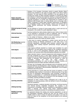 Annex III – Glossary of key terms
261
Higher education
modernisation agenda
Strategy of the European Commission aimed to support Member States'
reforms and contribute to the goals of Europe 2020 in the field of higher
education. The main areas for reform identified in the new agenda are: to
increase the number of higher education graduates; to improve the quality
and relevance of teaching and researcher training, to equip graduates with
the knowledge and core transferable competences they need to succeed in
high-skill occupations; to provide more opportunities for students to gain
additional skills through study or training abroad, and to encourage cross-
border co-operation to boost higher education performance; to strengthen
the "knowledge triangle", linking education, research and business and to
create effective governance and funding mechanisms in support of
excellence.
Informal groups of young
people
see the definition of "groups of young people active in youth work but not
necessarily in the context of a youth organisation" above.
Informal learning
learning resulting from daily activities related to work, family or leisure which
is not organised or structured in terms of objectives, time or learning
support; it may be unintentional from the learner's perspective.
International In the context of Erasmus+, relates to any action involving at least one
Programme Country and at least one Partner Country.
Job Shadowing (practical
learning experience)
a short stay at a partner organisation in another country with the aim of
receiving training by following practitioners in their daily work in the
receiving organisation, exchanging good practices, acquiring skills and
knowledge and/or building long-term partnerships through participative
observation.
Joint degree
single degree certificate awarded to a student upon completion of a joint
programme. The joint degree must be signed by the competent authorities
of two or more of the participating institutions jointly and recognised
officially in the countries where those participating institutions are located.
Joint programmes
higher education (study or research) programmes jointly designed, delivered
and fully recognised by two or more higher education institutions. Joint
programmes can be implemented at any higher education level, i.e. bachelor,
master or doctorate. Joint programmes can be national (i.e. when all
universities involved are from the same country) or
transnational/international (i.e. when at least two different countries are
represented among the higher education institutions involved).
Key competences
the basic set of knowledge, skills and attitudes which all individuals need for
personal fulfilment and development, active citizenship, social inclusion and
employment, as described in Recommendation 2006/962/EC of the European
Parliament and of the Council.
Learning mobility
moving physically to a country other than the country of residence, in order
to undertake study, training or non-formal or informal learning; it may take
the form of traineeships, apprenticeships, youth exchanges, volunteering,
teaching or participation in a professional development activity, and may
include preparatory activities, such as training in the host language, as well
as sending, receiving and follow-up activities.
Learning outcomes
statements of what a learner knows, understands and is able to do on
completion of a learning process, which are defined in terms of knowledge,
skills and competence .
Lifelong learning
all general education, vocational education and training, non-formal learning
and informal learning undertaken throughout life, resulting in an
improvement in knowledge, skills and competences or participation in society
within a personal, civic, cultural, social and/or employment-related
perspective, including the provision of counselling and guidance services.
Mobility/Learning
agreement
an agreement between the sending and receiving organisation, as well as
the participating individuals, defining the aims and the content of the
mobility period in order to ensure its relevance and quality. It can also be
used as a basis for the recognition of the period abroad by the receiving
organisation.
 