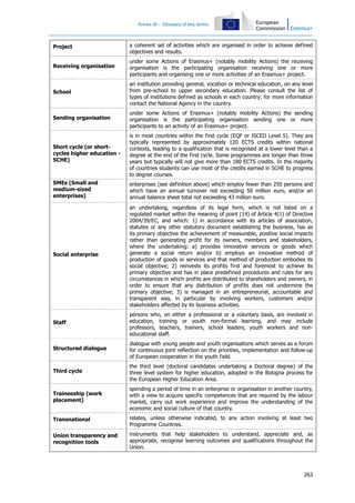 Annex III – Glossary of key terms
263
Project a coherent set of activities which are organised in order to achieve defined
objectives and results.
Receiving organisation
under some Actions of Erasmus+ (notably mobility Actions) the receiving
organisation is the participating organisation receiving one or more
participants and organising one or more activities of an Erasmus+ project.
School
an institution providing general, vocation or technical education, on any level
from pre-school to upper secondary education. Please consult the list of
types of institutions defined as schools in each country; for more information
contact the National Agency in the country.
Sending organisation
under some Actions of Erasmus+ (notably mobility Actions) the sending
organisation is the participating organisation sending one or more
participants to an activity of an Erasmus+ project.
Short cycle (or short-
cycles higher education -
SCHE)
is in most countries within the first cycle (EQF or ISCED Level 5). They are
typically represented by approximately 120 ECTS credits within national
contexts, leading to a qualification that is recognised at a lower level than a
degree at the end of the first cycle. Some programmes are longer than three
years but typically will not give more than 180 ECTS credits. In the majority
of countries students can use most of the credits earned in SCHE to progress
to degree courses.
SMEs (Small and
medium-sized
enterprises)
enterprises (see definition above) which employ fewer than 250 persons and
which have an annual turnover not exceeding 50 million euro, and/or an
annual balance sheet total not exceeding 43 million euro.
Social enterprise
an undertaking, regardless of its legal form, which is not listed on a
regulated market within the meaning of point (14) of Article 4(1) of Directive
2004/39/EC, and which: 1) in accordance with its articles of association,
statutes or any other statutory document establishing the business, has as
its primary objective the achievement of measurable, positive social impacts
rather than generating profit for its owners, members and stakeholders,
where the undertaking: a) provides innovative services or goods which
generate a social return and/or b) employs an innovative method of
production of goods or services and that method of production embodies its
social objective; 2) reinvests its profits first and foremost to achieve its
primary objective and has in place predefined procedures and rules for any
circumstances in which profits are distributed to shareholders and owners, in
order to ensure that any distribution of profits does not undermine the
primary objective; 3) is managed in an entrepreneurial, accountable and
transparent way, in particular by involving workers, customers and/or
stakeholders affected by its business activities.
Staff
persons who, on either a professional or a voluntary basis, are involved in
education, training or youth non-formal learning, and may include
professors, teachers, trainers, school leaders, youth workers and non-
educational staff.
Structured dialogue
dialogue with young people and youth organisations which serves as a forum
for continuous joint reflection on the priorities, implementation and follow-up
of European cooperation in the youth field.
Third cycle
the third level (doctoral candidates undertaking a Doctoral degree) of the
three level system for higher education, adopted in the Bologna process for
the European Higher Education Area.
Traineeship (work
placement)
spending a period of time in an enterprise or organisation in another country,
with a view to acquire specific competences that are required by the labour
market, carry out work experience and improve the understanding of the
economic and social culture of that country.
Transnational relates, unless otherwise indicated, to any action involving at least two
Programme Countries.
Union transparency and
recognition tools
instruments that help stakeholders to understand, appreciate and, as
appropriate, recognise learning outcomes and qualifications throughout the
Union.
 