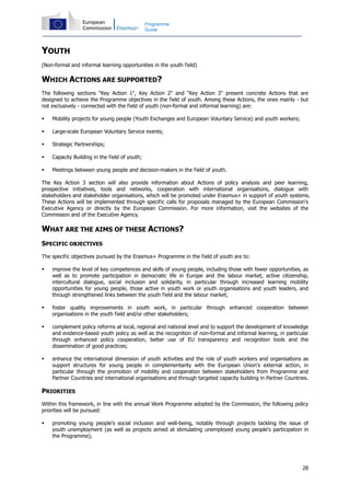 28
Programme
Guide
YOUTH
(Non-formal and informal learning opportunities in the youth field)
WHICH ACTIONS ARE SUPPORTED?
The following sections "Key Action 1", Key Action 2" and "Key Action 3" present concrete Actions that are
designed to achieve the Programme objectives in the field of youth. Among these Actions, the ones mainly - but
not exclusively - connected with the field of youth (non-formal and informal learning) are:
Mobility projects for young people (Youth Exchanges and European Voluntary Service) and youth workers;
Large-scale European Voluntary Service events;
Strategic Partnerships;
Capacity Building in the field of youth;
Meetings between young people and decision-makers in the field of youth.
The Key Action 3 section will also provide information about Actions of policy analysis and peer learning,
prospective initiatives, tools and networks, cooperation with international organisations, dialogue with
stakeholders and stakeholder organisations, which will be promoted under Erasmus+ in support of youth systems.
These Actions will be implemented through specific calls for proposals managed by the European Commission's
Executive Agency or directly by the European Commission. For more information, visit the websites of the
Commission and of the Executive Agency.
WHAT ARE THE AIMS OF THESE ACTIONS?
SPECIFIC OBJECTIVES
The specific objectives pursued by the Erasmus+ Programme in the field of youth are to:
improve the level of key competences and skills of young people, including those with fewer opportunities, as
well as to promote participation in democratic life in Europe and the labour market, active citizenship,
intercultural dialogue, social inclusion and solidarity, in particular through increased learning mobility
opportunities for young people, those active in youth work or youth organisations and youth leaders, and
through strengthened links between the youth field and the labour market;
foster quality improvements in youth work, in particular through enhanced cooperation between
organisations in the youth field and/or other stakeholders;
complement policy reforms at local, regional and national level and to support the development of knowledge
and evidence-based youth policy as well as the recognition of non-formal and informal learning, in particular
through enhanced policy cooperation, better use of EU transparency and recognition tools and the
dissemination of good practices;
enhance the international dimension of youth activities and the role of youth workers and organisations as
support structures for young people in complementarity with the European Union's external action, in
particular through the promotion of mobility and cooperation between stakeholders from Programme and
Partner Countries and international organisations and through targeted capacity building in Partner Countries.
PRIORITIES
Within this framework, in line with the annual Work Programme adopted by the Commission, the following policy
priorities will be pursued:
promoting young people's social inclusion and well-being, notably through projects tackling the issue of
youth unemployment (as well as projects aimed at stimulating unemployed young people's participation in
the Programme);
 