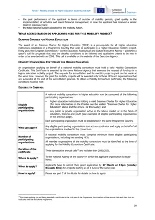 Part B – Mobility project for higher education students and staff
39
the past performance of the applicant in terms of number of mobility periods, good quality in the
implementation of activities and sound financial management, in case the applicant has received a similar
grant in previous years;
the total national budget allocated for the mobility Action.
WHAT ACCREDITATION DO APPLICANTS NEED FOR THIS MOBILITY PROJECT?
ERASMUS CHARTER FOR HIGHER EDUCATION
The award of an Erasmus Charter for Higher Education (ECHE) is a pre-requisite for all higher education
institutions established in a Programme Country that wish to participate in a Higher Education mobility project.
Every year, the European Commission - via the Education, Audiovisual and Culture Executive Agency – publishes a
specific call for proposals that sets the detailed conditions to be followed and qualitative criteria to be met in
order to be awarded with an ECHE. This call is available on the website of the Executive Agency.
MOBILITY CONSORTIUM CERTIFICATE FOR HIGHER EDUCATION
An organisation applying on behalf of a national mobility consortium must hold a valid Mobility Consortium
Certificate. This Certificate is awarded by the same National Agency that assesses the request of funding for a
higher education mobility project. The requests for accreditation and for mobility projects grant can be made at
the same time. However, the grant for mobility projects will be awarded only to those HEIs and organisations that
are successful at the end of the accreditation process. To obtain a Mobility Consortium Certificate, the following
conditions must be met:
ELIGIBILITY CRITERIA
Eligible
participating
organisations
A national mobility consortium in higher education can be composed of the following
participating organisations:
higher education institutions holding a valid Erasmus Charter for Higher Education
(for more information on the Charter, see the section "Erasmus Charter for Higher
Education" above and the Annex I of this Guide); and
any public or private organisation active in the labour market or in the fields of
education, training and youth (see examples of eligible participating organisations
in the previous page).
Each participating organisation must be established in the same Programme Country.
Who can apply?
Any eligible participating organisations can act as coordinator and apply on behalf of all
the organisations involved in the consortium.
Number of
participating
organisations
A national mobility consortium must comprise minimum three eligible participating
organisations, including two sending HEIs.
All member organisations of the mobility consortium must be identified at the time of
applying for the Mobility Consortium Certificate.
Duration of the
certificate
Three consecutive annual calls12
and no later than 2020/2021.
Where to apply?
To the National Agency of the country in which the applicant organisation is estab-
lished.
When to apply?
Applicants have to submit their grant application by 17 March at 12pm (midday
Brussels time) for projects starting as of 1 June of the same year.
How to apply? Please see part C of this Guide for details on how to apply.
12
For those applying for and being awarded a certificate in the first year of the Programme, the duration is three annual calls and then four an-
nual calls until the end of the Programme.
 