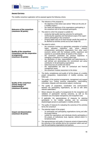 40
Programme
Guide
AWARD CRITERIA
The mobility consortium application will be assessed against the following criteria:
Relevance of the consortium
(maximum 30 points)
The relevance of the proposal to:
- the objectives of the Action (see section "What are the aims of
a mobility project")
- the needs and objectives of the organisations participating in
the consortium and of the individual participants
The extent to which the proposal is suitable for:
- producing high-quality learning outcomes for participants
- reinforcing the capacities and international scope of the organi-
sations participating in the consortium
- bringing added value at EU level through results that would not
be attained by activities carried out by each single HEI
Quality of the consortium
composition and the cooperation
arrangements
(maximum 20 points)
The extent to which:
- the consortium involves an appropriate composition of sending
higher education institutions with, where relevant,
complementary participating organisations from other socio-
economic sectors with the necessary profile, experience and
expertise to successfully deliver all aspects of the project
- the consortium coordinator has previous experience in
managing a consortium or a similar project type
- the distribution of roles, responsibilities and tasks/resources is
well defined and demonstrates the commitment and active
contribution of all participating organisations
- tasks/resources are pooled and shared
- the responsibilities are clear for contractual and financial
management issues
- the consortium involves newcomers to the Action
Quality of the consortium
activity design and
implementation
(maximum 20 points)
The clarity, completeness and quality of all the phases of a mobility
project (preparation, implementation of mobility activities, and
follow-up)
The quality of the practical arrangements, management and support
modalities (e.g. finding receiving organisations, matchmaking,
information, linguistic and intercultural support, monitoring)
The quality of cooperation, coordination and communication
between the participating organisations, as well as with other
relevant stakeholders
Where relevant, the quality of arrangements for the recognition and
validation of participants' learning outcomes, as well as the
consistent use of European transparency and recognition tools
If applicable, the appropriateness of measures for selecting
participants in the mobility activities and for promoting
disadvantaged persons to participate in mobility activities
Impact and dissemination
(maximum 30 points)
The quality of measures for evaluating the outcomes of the activities
led by the consortium
The potential impact of the project:
- on participants and participating organisations during and after
the project lifetime
- outside the organisations and individuals directly participating in
the project, at institutional, local, regional, national and/or in-
ternational levels
The appropriateness and quality of measures aimed at disseminating
the outcomes of the activities led by the consortium within and out-
side the participating organisations and partners
 