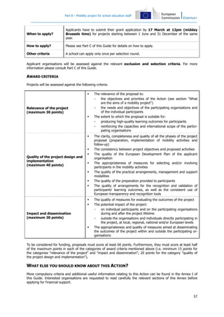 Part B – Mobility project for school education staff
57
When to apply?
Applicants have to submit their grant application by 17 March at 12pm (midday
Brussels time) for projects starting between 1 June and 31 December of the same
year.
How to apply? Please see Part C of this Guide for details on how to apply.
Other criteria A school can apply only once per selection round.
Applicant organisations will be assessed against the relevant exclusion and selection criteria. For more
information please consult Part C of this Guide.
AWARD CRITERIA
Projects will be assessed against the following criteria:
Relevance of the project
(maximum 30 points)
The relevance of the proposal to:
- the objectives and priorities of the Action (see section "What
are the aims of a mobility project")
- the needs and objectives of the participating organisations and
of the individual participants
The extent to which the proposal is suitable for:
- producing high-quality learning outcomes for participants
- reinforcing the capacities and international scope of the partici-
pating organisations
Quality of the project design and
implementation
(maximum 40 points)
The clarity, completeness and quality of all the phases of the project
proposal (preparation, implementation of mobility activities and
follow-up)
The consistency between project objectives and proposed activities
The quality of the European Development Plan of the applicant
organisation
The appropriateness of measures for selecting and/or involving
participants in the mobility activities
The quality of the practical arrangements, management and support
modalities
The quality of the preparation provided to participants
The quality of arrangements for the recognition and validation of
participants' learning outcomes, as well as the consistent use of
European transparency and recognition tools
Impact and dissemination
(maximum 30 points)
The quality of measures for evaluating the outcomes of the project
The potential impact of the project:
- on individual participants and on the participating organisations
during and after the project lifetime
- outside the organisations and individuals directly participating in
the project, at local, regional, national and/or European levels
The appropriateness and quality of measures aimed at disseminating
the outcomes of the project within and outside the participating or-
ganisations
To be considered for funding, proposals must score at least 60 points. Furthermore, they must score at least half
of the maximum points in each of the categories of award criteria mentioned above (i.e. minimum 15 points for
the categories "relevance of the project" and "impact and dissemination"; 20 points for the category "quality of
the project design and implementation").
WHAT ELSE YOU SHOULD KNOW ABOUT THIS ACTION?
More compulsory criteria and additional useful information relating to this Action can be found in the Annex I of
this Guide. Interested organisations are requested to read carefully the relevant sections of this Annex before
applying for financial support.
 