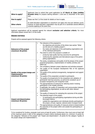 Part B – Mobility project for adult education staff
63
When to apply?
Applicants have to submit their grant application by 17 March at 12pm (midday
Brussels time) for projects starting between 1 June and 31 December of the same
year.
How to apply? Please see Part C of this Guide for details on how to apply.
Other criteria
An adult education organisation or consortium can apply only once per selection round.
However an adult education organisation may be part of or coordinate several different
consortia applying at the same time.
Applicant organisations will be assessed against the relevant exclusion and selection criteria. For more
information please consult Part C of this Guide.
AWARD CRITERIA
Projects will be assessed against the following criteria:
Relevance of the project
(maximum 30 points)
The relevance of the proposal to:
- the objectives and priorities of the Action (see section "What
are the aims of a mobility project")
- the needs and objectives of the participating organisations and
of the individual participants
The extent to which the proposal is suitable of:
- producing high-quality learning outcomes for participants
- reinforcing the capacities and international scope of the partici-
pating organisations
Quality of the project design and
implementation
(maximum 40 points)
The clarity, completeness and quality of all the phases of the project
proposal (preparation, implementation of mobility activities and
follow-up)
The consistency between project objectives and activities proposed
The quality of the European Development Plan of the applicant
organisation
The quality of the practical arrangements, management and support
modalities
The quality of the preparation provided to participants
The quality of arrangements for the recognition and validation of
participants' learning outcomes, as well as the consistent use of
European transparency and recognition tools
The appropriateness of measures for selecting and/or involving
participants in the mobility activities
If applicable, the quality of cooperation and communication between
the participating organisations, as well as with other relevant
stakeholders
Impact and dissemination
(maximum 30 points)
The quality of measures for evaluating the outcomes of the project
The potential impact of the project:
- on participants and participating organisations during and after
the project lifetime
- outside the organisations and individuals directly participating in
the project, at local, regional, national and/or European levels
The appropriateness and quality of measures aimed at disseminating
the outcomes of the project within and outside the participating or-
ganisations
To be considered for funding, proposals must score at least 60 points. Furthermore, they must score at least half
of the maximum points in each of the categories of award criteria mentioned above (i.e. minimum 15 points for
the categories "relevance of the project" and "impact and dissemination"; 20 points for the category "quality of
the project design and implementation").
 
