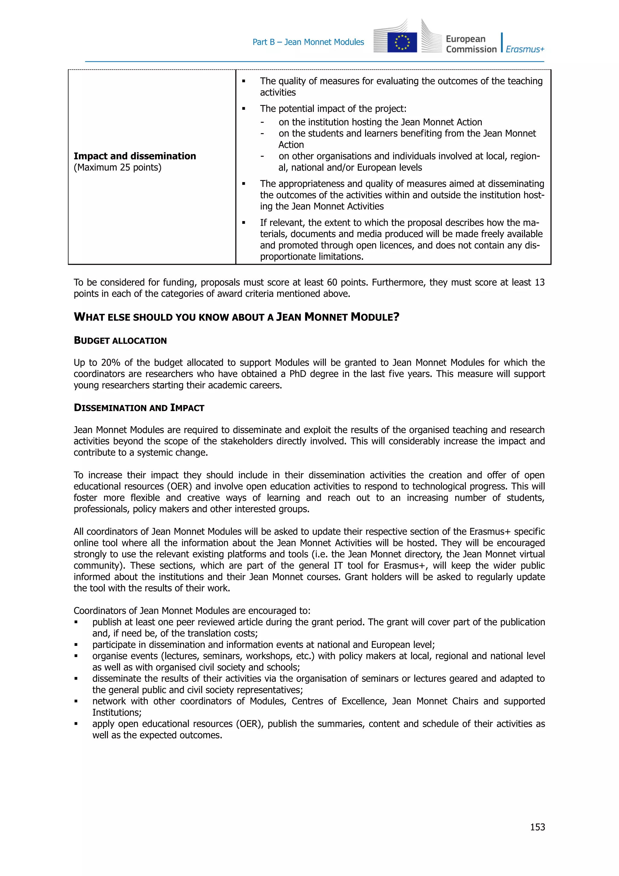 Part B – Jean Monnet Modules
153
Impact and dissemination
(Maximum 25 points)
 The quality of measures for evaluating the outcomes of the teaching
activities
 The potential impact of the project:
- on the institution hosting the Jean Monnet Action
- on the students and learners benefiting from the Jean Monnet
Action
- on other organisations and individuals involved at local, region-
al, national and/or European levels
 The appropriateness and quality of measures aimed at disseminating
the outcomes of the activities within and outside the institution host-
ing the Jean Monnet Activities
 If relevant, the extent to which the proposal describes how the ma-
terials, documents and media produced will be made freely available
and promoted through open licences, and does not contain any dis-
proportionate limitations.
To be considered for funding, proposals must score at least 60 points. Furthermore, they must score at least 13
points in each of the categories of award criteria mentioned above.
WHAT ELSE SHOULD YOU KNOW ABOUT A JEAN MONNET MODULE?
BUDGET ALLOCATION
Up to 20% of the budget allocated to support Modules will be granted to Jean Monnet Modules for which the
coordinators are researchers who have obtained a PhD degree in the last five years. This measure will support
young researchers starting their academic careers.
DISSEMINATION AND IMPACT
Jean Monnet Modules are required to disseminate and exploit the results of the organised teaching and research
activities beyond the scope of the stakeholders directly involved. This will considerably increase the impact and
contribute to a systemic change.
To increase their impact they should include in their dissemination activities the creation and offer of open
educational resources (OER) and involve open education activities to respond to technological progress. This will
foster more flexible and creative ways of learning and reach out to an increasing number of students,
professionals, policy makers and other interested groups.
All coordinators of Jean Monnet Modules will be asked to update their respective section of the Erasmus+ specific
online tool where all the information about the Jean Monnet Activities will be hosted. They will be encouraged
strongly to use the relevant existing platforms and tools (i.e. the Jean Monnet directory, the Jean Monnet virtual
community). These sections, which are part of the general IT tool for Erasmus+, will keep the wider public
informed about the institutions and their Jean Monnet courses. Grant holders will be asked to regularly update
the tool with the results of their work.
Coordinators of Jean Monnet Modules are encouraged to:
 publish at least one peer reviewed article during the grant period. The grant will cover part of the publication
and, if need be, of the translation costs;
 participate in dissemination and information events at national and European level;
 organise events (lectures, seminars, workshops, etc.) with policy makers at local, regional and national level
as well as with organised civil society and schools;
 disseminate the results of their activities via the organisation of seminars or lectures geared and adapted to
the general public and civil society representatives;
 network with other coordinators of Modules, Centres of Excellence, Jean Monnet Chairs and supported
Institutions;
 apply open educational resources (OER), publish the summaries, content and schedule of their activities as
well as the expected outcomes.
 