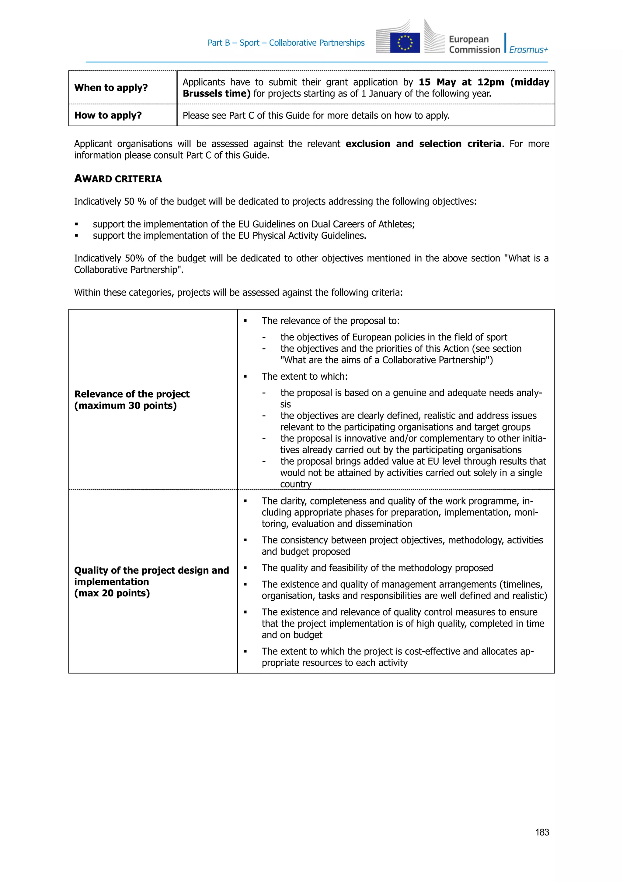 Part B – Sport – Collaborative Partnerships
183
When to apply?
Applicants have to submit their grant application by 15 May at 12pm (midday
Brussels time) for projects starting as of 1 January of the following year.
How to apply? Please see Part C of this Guide for more details on how to apply.
Applicant organisations will be assessed against the relevant exclusion and selection criteria. For more
information please consult Part C of this Guide.
AWARD CRITERIA
Indicatively 50 % of the budget will be dedicated to projects addressing the following objectives:
 support the implementation of the EU Guidelines on Dual Careers of Athletes;
 support the implementation of the EU Physical Activity Guidelines.
Indicatively 50% of the budget will be dedicated to other objectives mentioned in the above section "What is a
Collaborative Partnership".
Within these categories, projects will be assessed against the following criteria:
Relevance of the project
(maximum 30 points)
 The relevance of the proposal to:
- the objectives of European policies in the field of sport
- the objectives and the priorities of this Action (see section
"What are the aims of a Collaborative Partnership")
 The extent to which:
- the proposal is based on a genuine and adequate needs analy-
sis
- the objectives are clearly defined, realistic and address issues
relevant to the participating organisations and target groups
- the proposal is innovative and/or complementary to other initia-
tives already carried out by the participating organisations
- the proposal brings added value at EU level through results that
would not be attained by activities carried out solely in a single
country
Quality of the project design and
implementation
(max 20 points)
 The clarity, completeness and quality of the work programme, in-
cluding appropriate phases for preparation, implementation, moni-
toring, evaluation and dissemination
 The consistency between project objectives, methodology, activities
and budget proposed
 The quality and feasibility of the methodology proposed
 The existence and quality of management arrangements (timelines,
organisation, tasks and responsibilities are well defined and realistic)
 The existence and relevance of quality control measures to ensure
that the project implementation is of high quality, completed in time
and on budget
 The extent to which the project is cost-effective and allocates ap-
propriate resources to each activity
 