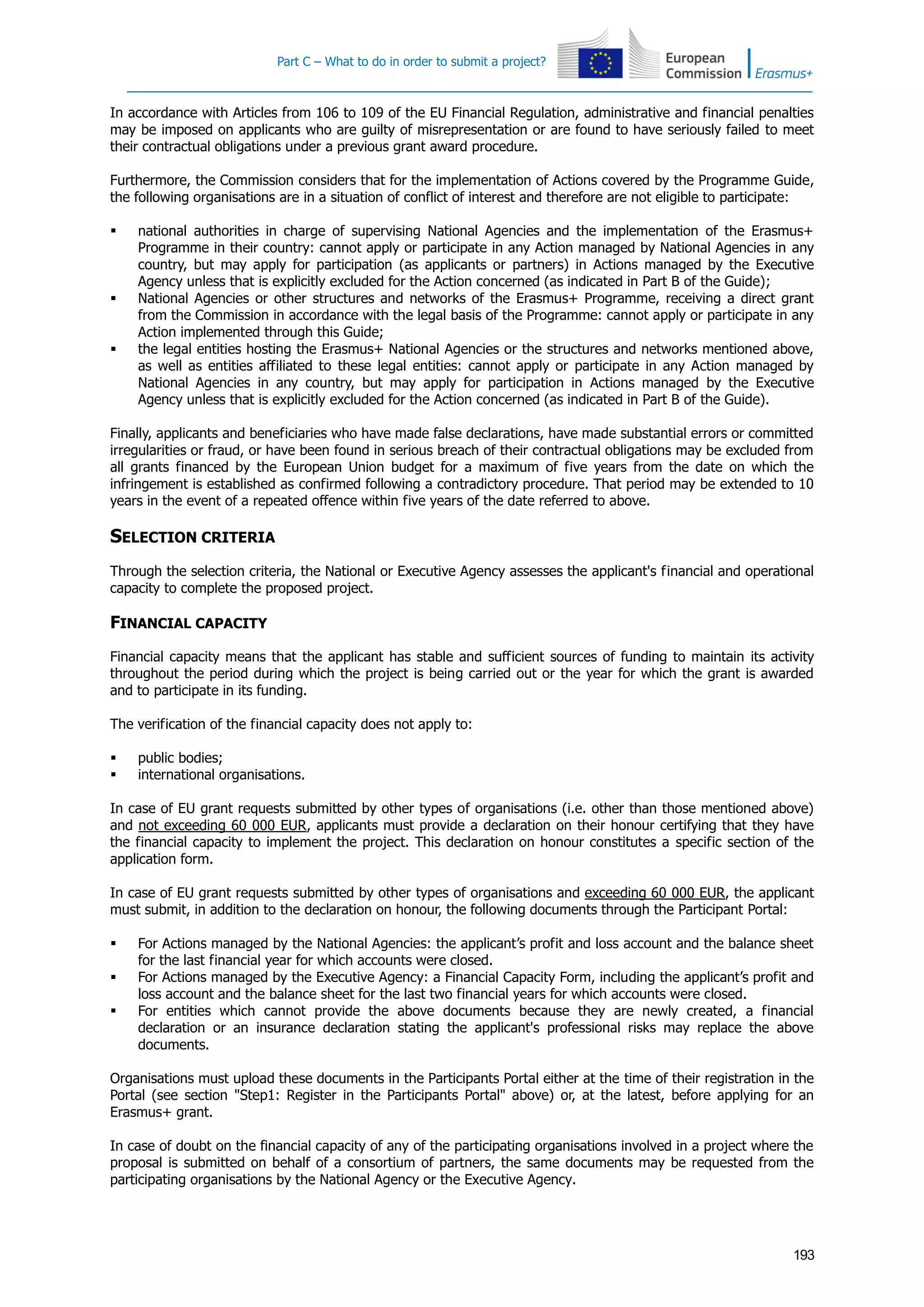 Part C – What to do in order to submit a project?
193
In accordance with Articles from 106 to 109 of the EU Financial Regulation, administrative and financial penalties
may be imposed on applicants who are guilty of misrepresentation or are found to have seriously failed to meet
their contractual obligations under a previous grant award procedure.
Furthermore, the Commission considers that for the implementation of Actions covered by the Programme Guide,
the following organisations are in a situation of conflict of interest and therefore are not eligible to participate:
 national authorities in charge of supervising National Agencies and the implementation of the Erasmus+
Programme in their country: cannot apply or participate in any Action managed by National Agencies in any
country, but may apply for participation (as applicants or partners) in Actions managed by the Executive
Agency unless that is explicitly excluded for the Action concerned (as indicated in Part B of the Guide);
 National Agencies or other structures and networks of the Erasmus+ Programme, receiving a direct grant
from the Commission in accordance with the legal basis of the Programme: cannot apply or participate in any
Action implemented through this Guide;
 the legal entities hosting the Erasmus+ National Agencies or the structures and networks mentioned above,
as well as entities affiliated to these legal entities: cannot apply or participate in any Action managed by
National Agencies in any country, but may apply for participation in Actions managed by the Executive
Agency unless that is explicitly excluded for the Action concerned (as indicated in Part B of the Guide).
Finally, applicants and beneficiaries who have made false declarations, have made substantial errors or committed
irregularities or fraud, or have been found in serious breach of their contractual obligations may be excluded from
all grants financed by the European Union budget for a maximum of five years from the date on which the
infringement is established as confirmed following a contradictory procedure. That period may be extended to 10
years in the event of a repeated offence within five years of the date referred to above.
SELECTION CRITERIA
Through the selection criteria, the National or Executive Agency assesses the applicant's financial and operational
capacity to complete the proposed project.
FINANCIAL CAPACITY
Financial capacity means that the applicant has stable and sufficient sources of funding to maintain its activity
throughout the period during which the project is being carried out or the year for which the grant is awarded
and to participate in its funding.
The verification of the financial capacity does not apply to:
 public bodies;
 international organisations.
In case of EU grant requests submitted by other types of organisations (i.e. other than those mentioned above)
and not exceeding 60 000 EUR, applicants must provide a declaration on their honour certifying that they have
the financial capacity to implement the project. This declaration on honour constitutes a specific section of the
application form.
In case of EU grant requests submitted by other types of organisations and exceeding 60 000 EUR, the applicant
must submit, in addition to the declaration on honour, the following documents through the Participant Portal:
 For Actions managed by the National Agencies: the applicant’s profit and loss account and the balance sheet
for the last financial year for which accounts were closed.
 For Actions managed by the Executive Agency: a Financial Capacity Form, including the applicant’s profit and
loss account and the balance sheet for the last two financial years for which accounts were closed.
 For entities which cannot provide the above documents because they are newly created, a financial
declaration or an insurance declaration stating the applicant's professional risks may replace the above
documents.
Organisations must upload these documents in the Participants Portal either at the time of their registration in the
Portal (see section "Step1: Register in the Participants Portal" above) or, at the latest, before applying for an
Erasmus+ grant.
In case of doubt on the financial capacity of any of the participating organisations involved in a project where the
proposal is submitted on behalf of a consortium of partners, the same documents may be requested from the
participating organisations by the National Agency or the Executive Agency.
 