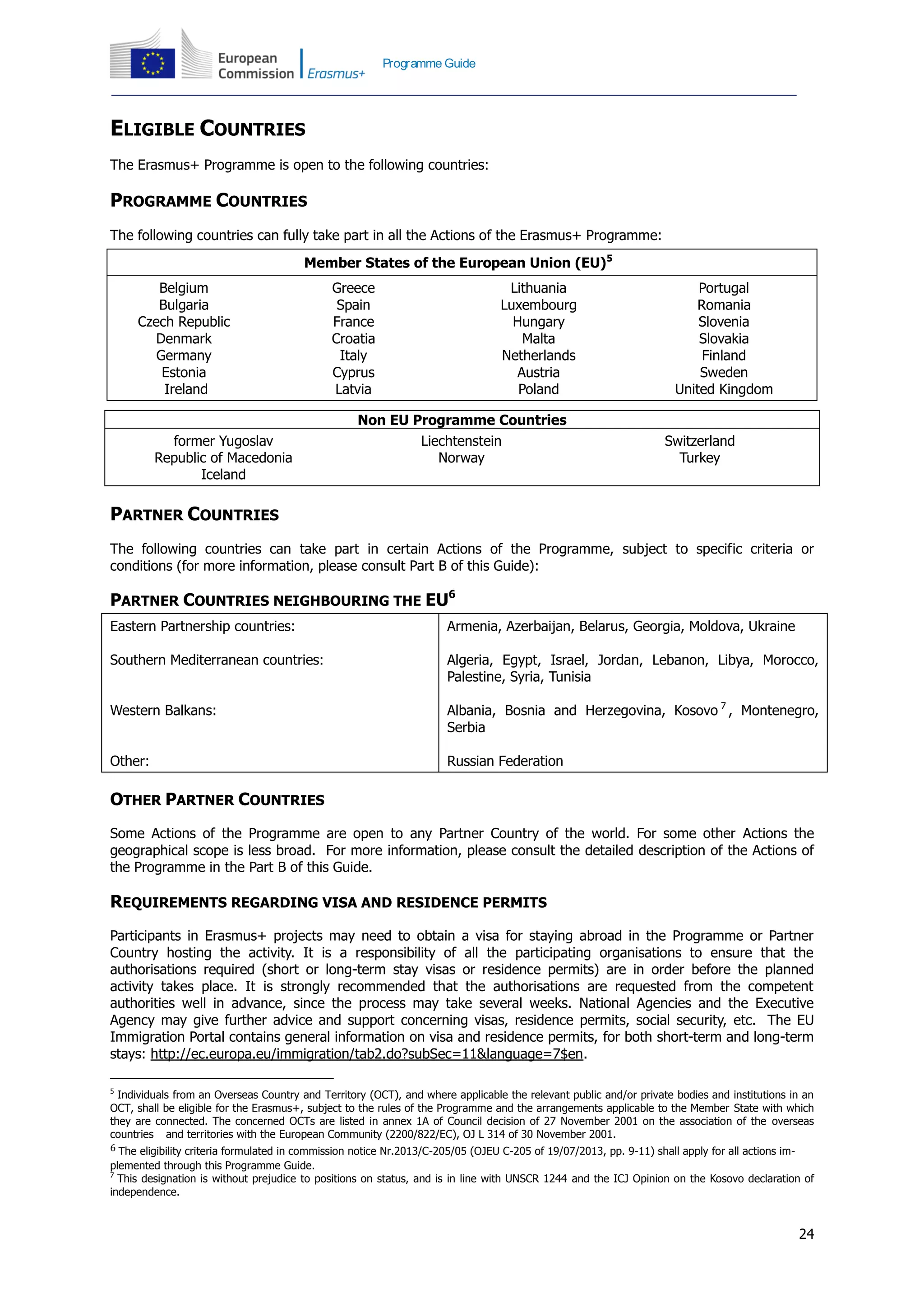 24
Programme Guide
ELIGIBLE COUNTRIES
The Erasmus+ Programme is open to the following countries:
PROGRAMME COUNTRIES
The following countries can fully take part in all the Actions of the Erasmus+ Programme:
Member States of the European Union (EU)5
Belgium
Bulgaria
Czech Republic
Denmark
Germany
Estonia
Ireland
Greece
Spain
France
Croatia
Italy
Cyprus
Latvia
Lithuania
Luxembourg
Hungary
Malta
Netherlands
Austria
Poland
Portugal
Romania
Slovenia
Slovakia
Finland
Sweden
United Kingdom
Non EU Programme Countries
former Yugoslav
Republic of Macedonia
Iceland
Liechtenstein
Norway
Switzerland
Turkey
PARTNER COUNTRIES
The following countries can take part in certain Actions of the Programme, subject to specific criteria or
conditions (for more information, please consult Part B of this Guide):
PARTNER COUNTRIES NEIGHBOURING THE EU6
Eastern Partnership countries:
Southern Mediterranean countries:
Western Balkans:
Other:
Armenia, Azerbaijan, Belarus, Georgia, Moldova, Ukraine
Algeria, Egypt, Israel, Jordan, Lebanon, Libya, Morocco,
Palestine, Syria, Tunisia
Albania, Bosnia and Herzegovina, Kosovo 7
, Montenegro,
Serbia
Russian Federation
OTHER PARTNER COUNTRIES
Some Actions of the Programme are open to any Partner Country of the world. For some other Actions the
geographical scope is less broad. For more information, please consult the detailed description of the Actions of
the Programme in the Part B of this Guide.
REQUIREMENTS REGARDING VISA AND RESIDENCE PERMITS
Participants in Erasmus+ projects may need to obtain a visa for staying abroad in the Programme or Partner
Country hosting the activity. It is a responsibility of all the participating organisations to ensure that the
authorisations required (short or long-term stay visas or residence permits) are in order before the planned
activity takes place. It is strongly recommended that the authorisations are requested from the competent
authorities well in advance, since the process may take several weeks. National Agencies and the Executive
Agency may give further advice and support concerning visas, residence permits, social security, etc. The EU
Immigration Portal contains general information on visa and residence permits, for both short-term and long-term
stays: http://ec.europa.eu/immigration/tab2.do?subSec=11&language=7$en.
5
Individuals from an Overseas Country and Territory (OCT), and where applicable the relevant public and/or private bodies and institutions in an
OCT, shall be eligible for the Erasmus+, subject to the rules of the Programme and the arrangements applicable to the Member State with which
they are connected. The concerned OCTs are listed in annex 1A of Council decision of 27 November 2001 on the association of the overseas
countries and territories with the European Community (2200/822/EC), OJ L 314 of 30 November 2001.
6 The eligibility criteria formulated in commission notice Nr.2013/C-205/05 (OJEU C-205 of 19/07/2013, pp. 9-11) shall apply for all actions im-
plemented through this Programme Guide.
7
This designation is without prejudice to positions on status, and is in line with UNSCR 1244 and the ICJ Opinion on the Kosovo declaration of
independence.
 