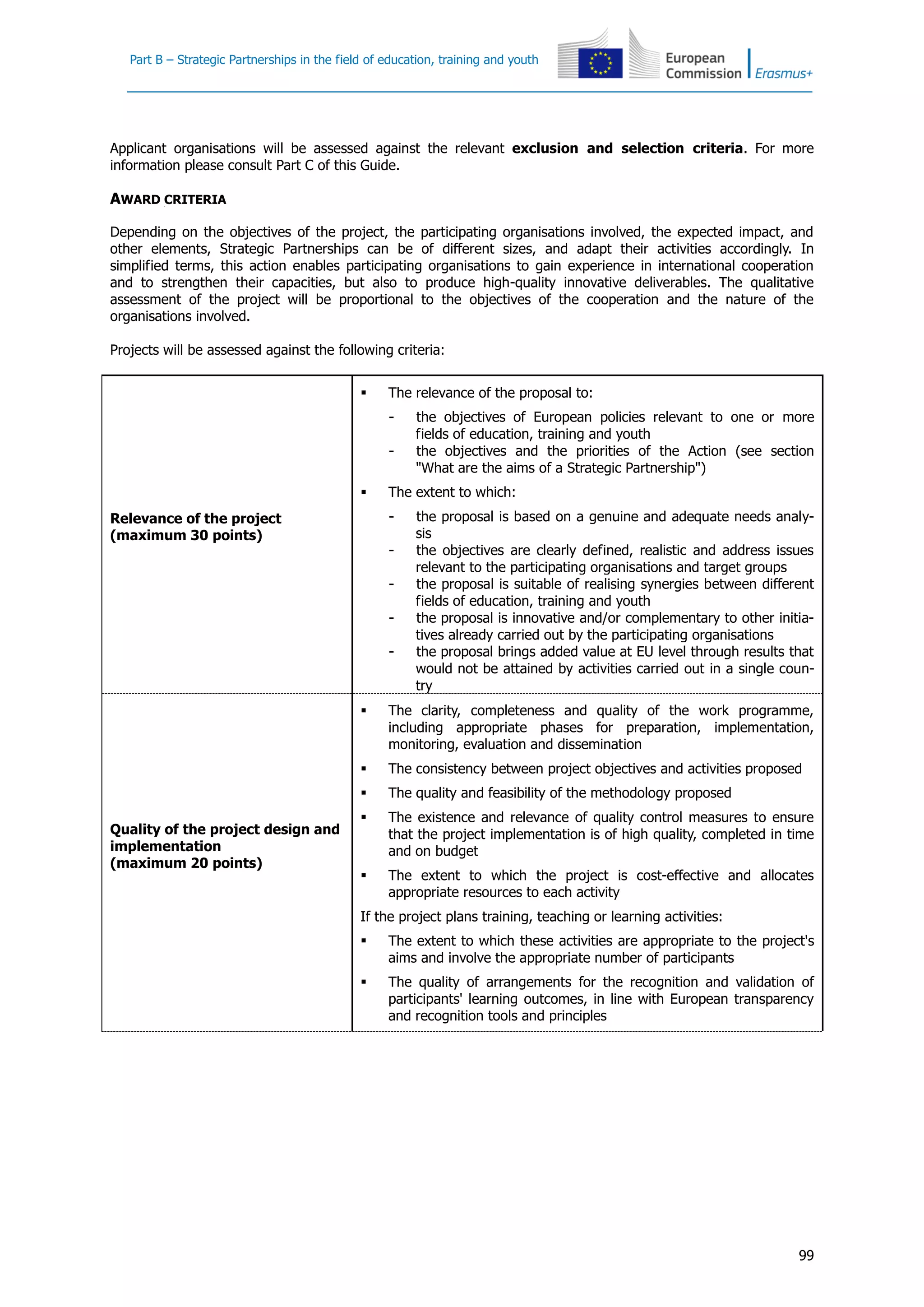 Part B – Strategic Partnerships in the field of education, training and youth
99
Applicant organisations will be assessed against the relevant exclusion and selection criteria. For more
information please consult Part C of this Guide.
AWARD CRITERIA
Depending on the objectives of the project, the participating organisations involved, the expected impact, and
other elements, Strategic Partnerships can be of different sizes, and adapt their activities accordingly. In
simplified terms, this action enables participating organisations to gain experience in international cooperation
and to strengthen their capacities, but also to produce high-quality innovative deliverables. The qualitative
assessment of the project will be proportional to the objectives of the cooperation and the nature of the
organisations involved.
Projects will be assessed against the following criteria:
Relevance of the project
(maximum 30 points)
 The relevance of the proposal to:
- the objectives of European policies relevant to one or more
fields of education, training and youth
- the objectives and the priorities of the Action (see section
"What are the aims of a Strategic Partnership")
 The extent to which:
- the proposal is based on a genuine and adequate needs analy-
sis
- the objectives are clearly defined, realistic and address issues
relevant to the participating organisations and target groups
- the proposal is suitable of realising synergies between different
fields of education, training and youth
- the proposal is innovative and/or complementary to other initia-
tives already carried out by the participating organisations
- the proposal brings added value at EU level through results that
would not be attained by activities carried out in a single coun-
try
Quality of the project design and
implementation
(maximum 20 points)
 The clarity, completeness and quality of the work programme,
including appropriate phases for preparation, implementation,
monitoring, evaluation and dissemination
 The consistency between project objectives and activities proposed
 The quality and feasibility of the methodology proposed
 The existence and relevance of quality control measures to ensure
that the project implementation is of high quality, completed in time
and on budget
 The extent to which the project is cost-effective and allocates
appropriate resources to each activity
If the project plans training, teaching or learning activities:
 The extent to which these activities are appropriate to the project's
aims and involve the appropriate number of participants
 The quality of arrangements for the recognition and validation of
participants' learning outcomes, in line with European transparency
and recognition tools and principles
 