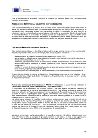 130
Guíadel Programa
Entre la gran variedad de actividades y formatos de proyectos, las siguientes Asociaciones Estratégicas tienen
especiales características:
ASOCIACIONES ESTRATÉGICAS SOLO ENTRE CENTROS ESCOLARES
Estas Asociaciones Estratégicas en el sector de la educación escolar tienen como objetivo apoyar intercambios de
buenas prácticas entre centros escolares de diferentes Países del Programa. En muchos casos, las actividades de
cooperación están combinadas también con intercambios de clases o movilidades de larga duración de
estudiantes entre los centros educativos que participan en el proyecto. La característica distintiva de este formato
de Asociación Estratégica es la modalidad de contractualización con los beneficiarios. Aunque uno de los centros
educativos toma el papel de coordinador del proyecto en representación de los demás centros educativos que
participan en el proyecto, cada centro educativo firma un contrato con la Agencia Nacional de su país.
INICIATIVAS TRANSNACIONALES DE JUVENTUD
Estas asociaciones estratégicas en el ámbito de la juventud tienen por objetivo promover el compromiso social y
el espíritu emprendedor de los jóvenes. Por ejemplo, estas iniciativas podrían consistir en:
 el establecimiento de (redes de) empresas sociales, asociaciones, clubes, ONG;
 la organización y realización de cursos y sesiones de formación sobre educación empresarial, especialmente
el emprendimiento social y el uso de las TIC;
 información, educación sobre medios de comunicación, medidas de sensibilización o que estimulen el com-
promiso cívico entre los jóvenes (p. ej. debtaes, conferencias, actos, consultas, iniciativas en torno a temas
europeos, etc.);
 medidas en beneficio de las comunidades locales (p. ej. apoyo a grupos vulnerables como las personas ma-
yores, minorías, migrantes, discapacitados, etc.);
 iniciativas artísticas y culturales (obras de teatro, exposiciones, actuaciones musicales, foros de debate, etc.).
El rasgo distintivo de este formato de las Asociaciones Estratégicas estriba en que se inicia, establece y lleva a
cabo una iniciativa juvenil por parte de los mismos jóvenes. Grupos informales de jóvenes presentan y ejecutan
las propuestas de proyectos.
PARTICIPANTES DE REGIONES ULTRAPERIFÉRICAS Y PAÍSES Y TERRITORIOS DE ULTRAMAR QUE PARTICIPEN EN
ACTIVIDADES DE FORMACIÓN, ENSEÑANZA Y APRENDIZAJE A NIVEL TRANSNACIONAL
En consonancia con el Reglamento del Programa Erasmus+, que hace especial hincapié en considerar las
limitaciones impuestas por la lejanía de las regiones ultraperiféricas y los países y territorios de ultramar de la
Unión en la aplicación del Programa, se establecen normas especiales de financiación con el fin de complementar
los costes de viaje de los participantes de las regiones ultraperiféricas y los países y territorios de ultramar que
estén insuficientemente cubiertos por los las normas de financiación estándar (basadas en la contribución a los
costes unitarios por tramo de distancia).
Los solicitantes de proyectos de movilidad podrán reclamar ayuda económica para los costes de viaje de los
participantes de las regiones ultraperiféricas y los países y territorios de ultramar en virtud de la partida
presupuestaria "costes excepcionales" (hasta un máximo del 80% de los costes subvencionables totales: ver
"¿Cuáles son las normas de financiación? "). Esto se concederá a condición de que los solicitantes puedan
justificar que las normas de financiación estándar (basadas en la contribución a los costes unitarios por tramo
de distancia) no cubren al menos el 70% de los costes de viaje de los participantes.
Además de la información aquí proporcionada, en el anexo I se presentan más criterios obligatorios, así como
otras informaciones útiles y ejemplos de proyectos relativos a esta acción. Se insta a las organizaciones
interesadas a leer atentamente las secciones pertinentes de dicho anexo antes de solicitar apoyo financiero.
 