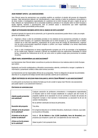 231
Parte B: Apoyo Jean Monnet a instituciones y asociaciones
JEAN MONNET APOYA LAS ASOCIACIONES
Jean Monnet apoya las asociaciones cuyo propósito explícito es contribuir al estudio del proceso de integración
europea. Tales asociaciones deberán ser interdisciplinares y estar abiertas a todos los profesores universitarios o
de otros niveles e investigadores especializados en cuestiones de la Unión Europea del país o región de que se
trate. Deberán ser representativas de la comunidad académica centrada en los estudios sobre la Unión Europea a
escala regional, nacional o supranacional. Solo se prestará apoyo a asociaciones que estén registradas
oficialmente y posean personalidad jurídica propia.
¿QUÉ ACTIVIDADES RECIBEN APOYO EN EL MARCO DE ESTA ACCIÓN?
Durante el periodo de vigencia de la subvención, por lo general las asociaciones pueden llevar a cabo una amplia
gama de actividades, como:
 Organizar y llevar a cabo las actividades previstas en los estatutos de las asociaciones centradas en estudios
sobre la Unión Europea y en cuestiones relacionadas con la Unión Europea (p. ej., publicación de un boletín,
creación de un sitio web específico, organización de la junta anual del consejo de administración, organiza-
ción de actos promocionales específicos dirigidos a conferir una mayor visibilidad a los temas relacionados
con la Unión Europea, etc.);
 Llevar a cabo investigaciones en temas específicamente europeos con el fin de aconsejar a los legisladores
en los niveles local, regional y nacional y difundir los resultados entre las instituciones interesadas en dichos
temas, incluyendo las instituciones de la UE, así como entre un público amplio para promocionar la ciudada-
nía activa.
¿QUÉ PAPEL DESEMPEÑAN LAS ASOCIACIONES?
Las Asociaciones Jean Monnet deben convertirse en puntos de referencia en las materias sobre la Unión Europea
que cubren.
Realizarán una función multiplicadora y difundirán conocimientos; además, contribuirán a recoger y capitalizar la
información y presentarán análisis e ideas sobre temas concretos.
Las Asociaciones son las responsables últimas de sus propuestas. Tienen la obligación de ejecutar las actividades
descritas en su programa de trabajo durante todo el periodo cubierto por la subvención.
¿QUÉ CRITERIOS SE APLICAN PARA EVALUAR EL APOYO JEAN MONNET A LAS ASOCIACIONES?
A continuación se enumeran los criterios formales que ha de cumplir el apoyo Jean Monnet a las asociaciones
para poder aspirar a una subvención Erasmus+:
CRITERIOS DE ADMISIBILIDAD
¿Quién puede presentar
una solicitud?
Cualquier asociación de profesores universitarios e investigadores especializados
en Estudios sobre la Unión Europea establecida en cualquier país del mundo. El
propósito explícito de la asociación ha de ser contribuir al estudio del proceso de
integración europea a nivel nacional o transnacional. La asociación ha de ser de
carácter interdisciplinar.
No se admiten solicitudes de becas de particulares.
Duración del proyecto Tres años.
¿Dónde se ha de presen-
tar la solicitud?
En la Agencia Ejecutiva en el ámbito Educativo, Audiovisual y Cultural, cuya sede
se encuentra en Bruselas.
¿Cuándo se ha de pre-
sentar la solicitud?
Hasta el 25 de febrero a las 12.00 (mediodía, hora de Bruselas) para
proyectos que empiecen a partir del 1 de septiembre de ese mismo año.
¿Cómo se ha de presen-
tar la solicitud?
Véase la parte C de la presente Guía.
 