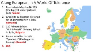 Young European In A World Of Tolerance
1. Przedszkole Miejskie Nr 163
(the biggest kindergarten in
Lodz Poland)
2. Gradinita cu Program Prelungit
Nr. 26 (kindergarten is Sibiu
Romania)
3. 120 Primary School
"G.S.Rakovski“ (Primary School
in Sofia, Bulgaria)
4. Kauno lopselis - darzelis
"Spindulys“ (Kindergarten
Kaunas Lithuania)
5. DES
 