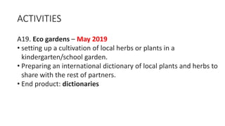 ACTIVITIES
A19. Eco gardens – May 2019
• setting up a cultivation of local herbs or plants in a
kindergarten/school garden.
• Preparing an international dictionary of local plants and herbs to
share with the rest of partners.
• End product: dictionaries
 