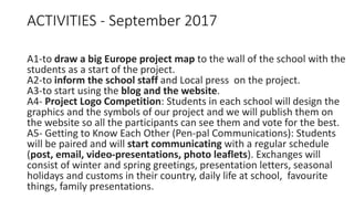 ACTIVITIES - September 2017
A1-to draw a big Europe project map to the wall of the school with the
students as a start of the project.
A2-to inform the school staff and Local press on the project.
A3-to start using the blog and the website.
A4- Project Logo Competition: Students in each school will design the
graphics and the symbols of our project and we will publish them on
the website so all the participants can see them and vote for the best.
A5- Getting to Know Each Other (Pen-pal Communications): Students
will be paired and will start communicating with a regular schedule
(post, email, video-presentations, photo leaflets). Exchanges will
consist of winter and spring greetings, presentation letters, seasonal
holidays and customs in their country, daily life at school, favourite
things, family presentations.
 