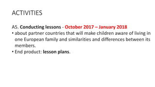 ACTIVITIES
A5. Conducting lessons - October 2017 – January 2018
• about partner countries that will make children aware of living in
one European family and similarities and differences between its
members.
• End product: lesson plans.
 