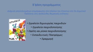 Β΄φάση προγράμματος
Διάχυση αποτελεσμάτων επιμόρφωσης στο πλαίσιο του Erasmus στο 3ο Δημοτικό
Παλλήνης στις ακόλουθες θεματικές ενότητες:
• Εργαλεία δημιουργίας παιχνιδιών
• Εργαλεία παιχνιδοποίησης
• Οφέλη και ρίσκα παιχνιδοποίησης
• Εκπαιδευτικές Πλατφόρμες
• Εφαρμογή
 