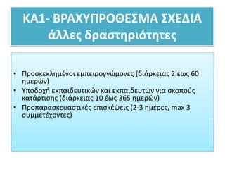 ΚΑ1- ΒΡΑΧΥΠΡΟΘΕΣΜΑ ΣΧΕΔΙΑ
άλλες δραστηριότητες
• Προσκεκλημένοι εμπειρογνώμονες (διάρκειας 2 έως 60
ημερών)
• Υποδοχή εκπαιδευτικών και εκπαιδευτών για σκοπούς
κατάρτισης (διάρκειας 10 έως 365 ημερών)
• Προπαρασκευαστικές επισκέψεις (2-3 ημέρες, max 3
συμμετέχοντες)
 