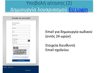 Υποβολή αίτησης (2)
Δημιουργία λογαριασμού EU Login
Email για δημιουργία κωδικού
(εντός 24 ωρών)
Στοιχεία διευθυντή
Email σχολείου
 