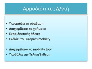 Αρμοδιότητες Δ/ντή
• Υπογράφει τη σύμβαση
• Διαχειρίζεται τα χρήματα
• Εκπαιδευτικές άδειες
• Εκδίδει το Europass mobility
• Διαχειρίζεται το mobility tool
• Υποβάλει την Τελική Έκθεση
 