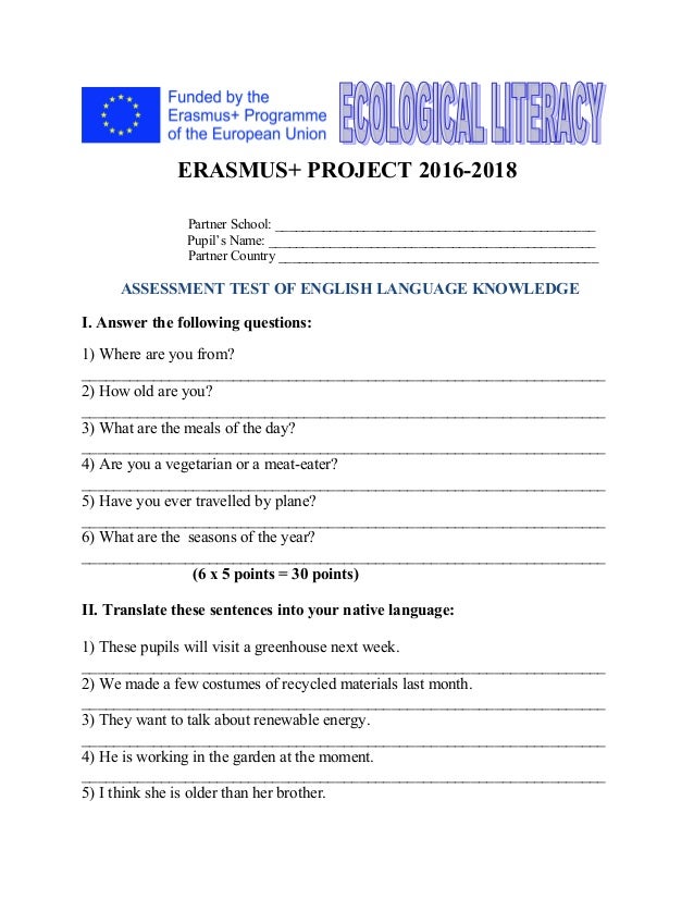 Erasmus Assessment English Language Test For Pupils
