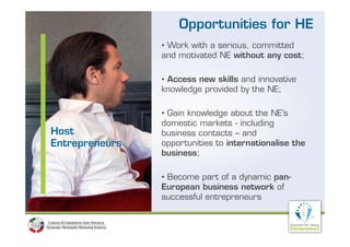 Opportunities for HE
                • Work with a serious, committed
                and motivated NE without any cost;

                • Access new skills and innovative
                knowledge provided by the NE;

                • Gain knowledge about the NE’s
                domestic markets - including
Host            business contacts – and
Entrepreneurs   opportunities to internationalise the
                business;

                • Become part of a dynamic pan-
                                           pan
                European business network of
                successful entrepreneurs
 