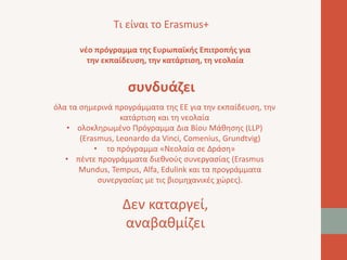Τι είναι το Erasmus+ 
νέο πρόγραμμα της Ευρωπαϊκής Επιτροπής για 
την εκπαίδευση, την κατάρτιση, τη νεολαία 
συνδυάζει 
όλα τα σημερινά προγράμματα της ΕΕ για την εκπαίδευση, την 
κατάρτιση και τη νεολαία 
• ολοκληρωμένο Πρόγραμμα Δια Βίου Μάθησης (LLP) 
(Erasmus, Leonardo da Vinci, Comenius, Grundtvig) 
• το πρόγραμμα «Νεολαία σε Δράση» 
• πέντε προγράμματα διεθνούς συνεργασίας (Erasmus 
Mundus, Tempus, Alfa, Edulink και τα προγράμματα 
συνεργασίας με τις βιομηχανικές χώρες). 
Δεν καταργεί, 
αναβαθμίζει 
 