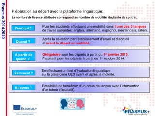 Préparation au départ avec la plateforme linguistique: 
Le nombre de licence attribuée correspond au nombre de mobilité étudiante du contrat. 
Date: in 12 pts 
Erasmus 2014-2020 
Pour qui ? 
Pour les étudiants effectuant une mobilité dans l’une des 5 langues 
de travail suivantes: anglais, allemand, espagnol, néerlandais, italien. 
Quand ? 
A partir de 
quand ? 
Comment ? 
Et après ? 
Après la sélection par l’établissement d’envoi et d’accueil 
et avant le départ en mobilité. 
Obligatoire pour les départs à partir du 1er janvier 2015, 
Facultatif pour les départs à partir du 1er octobre 2014. 
En effectuant un test d’évaluation linguistique 
sur la plateforme OLS avant et après la mobilité. 
Possibilité de bénéficier d’un cours de langue avec l’intervention 
d’un tuteur (facultatif). 
 