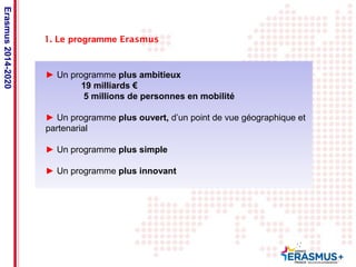 Date: in 12 pts 
1. Le programme Erasmus 
► Un programme plus ambitieux 
19 milliards € 
5 millions de personnes en mobilité 
► Un programme plus ouvert, d’un point de vue géographique et 
partenarial 
► Un programme plus simple 
► Un programme plus innovant 
Erasmus 2014-2020 
 