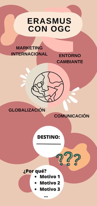 DESTINO:
ERASMUS
CON OGC
MARKETING
INTERNACIONAL ENTORNO
CAMBIANTE
COMUNICACIÓN
GLOBALIZACIÓN
¿Por qué?
Motivo 1
Motivo 2
Motivo 3
...
 