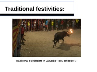 Traditional festivities:Traditional festivities:
Traditional bullfighters in La Sénia («bou embolat»).
 