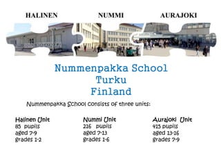 Nummenpakka School
Turku
Finland
Halinen Unit
85 pupils
aged 7-9
grades 1-2
Nummi Unit
216 pupils
aged 7-13
grades 1-6
Aurajoki Unit
415 pupils
aged 13-16
grades 7-9
Nummenpakka School consists of three units:
 