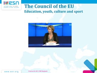 The Council of the EU
Education, youth, culture and sport
Erasmus for All | CNR Reykjavik
 